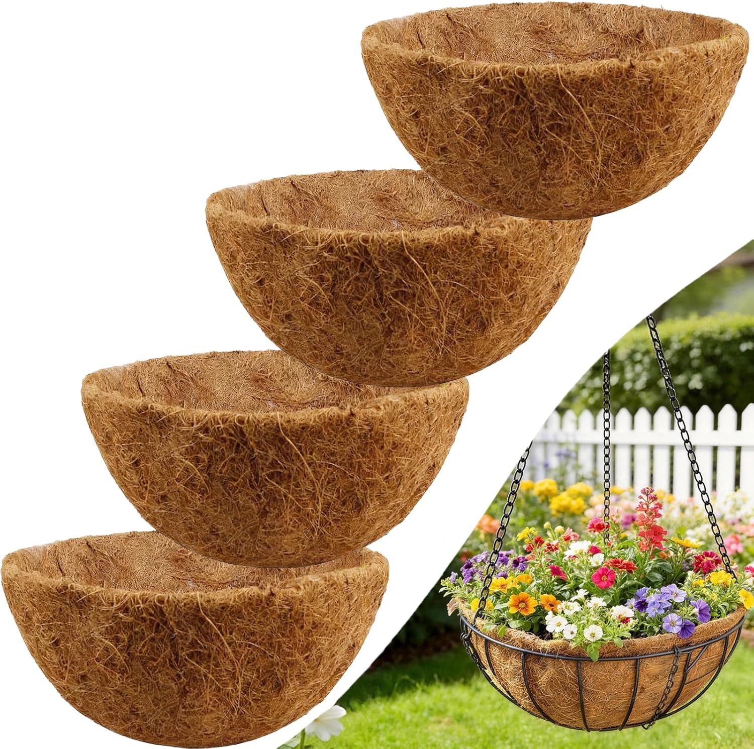 4pcs 20 inch Coco Liners for Hanging Baskets, Hanging Nut Pot Coconut Basket Liners Pot Mat, Planter Garden Der Iron Art Crafts, Replacement Liner for Indoor or Outdoor (4)