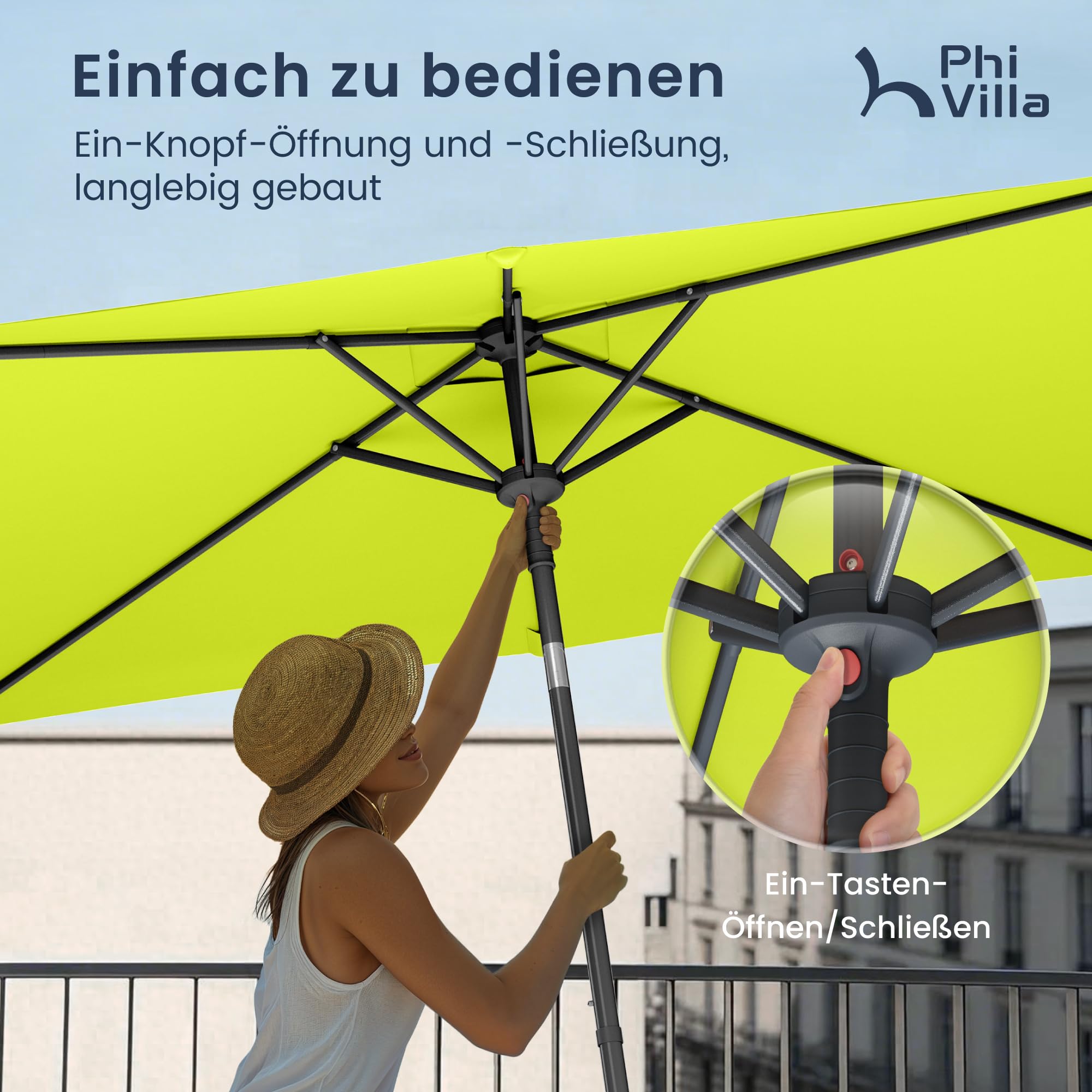 PHI VILLA Ombrellone rettangolare da giardino, 210 x 140 x 220 cm, con morsetto, inclinabile, antivento, stabile da trasportare, protezione UV50+, per balcone, terrazza, ringhiera, tavolo