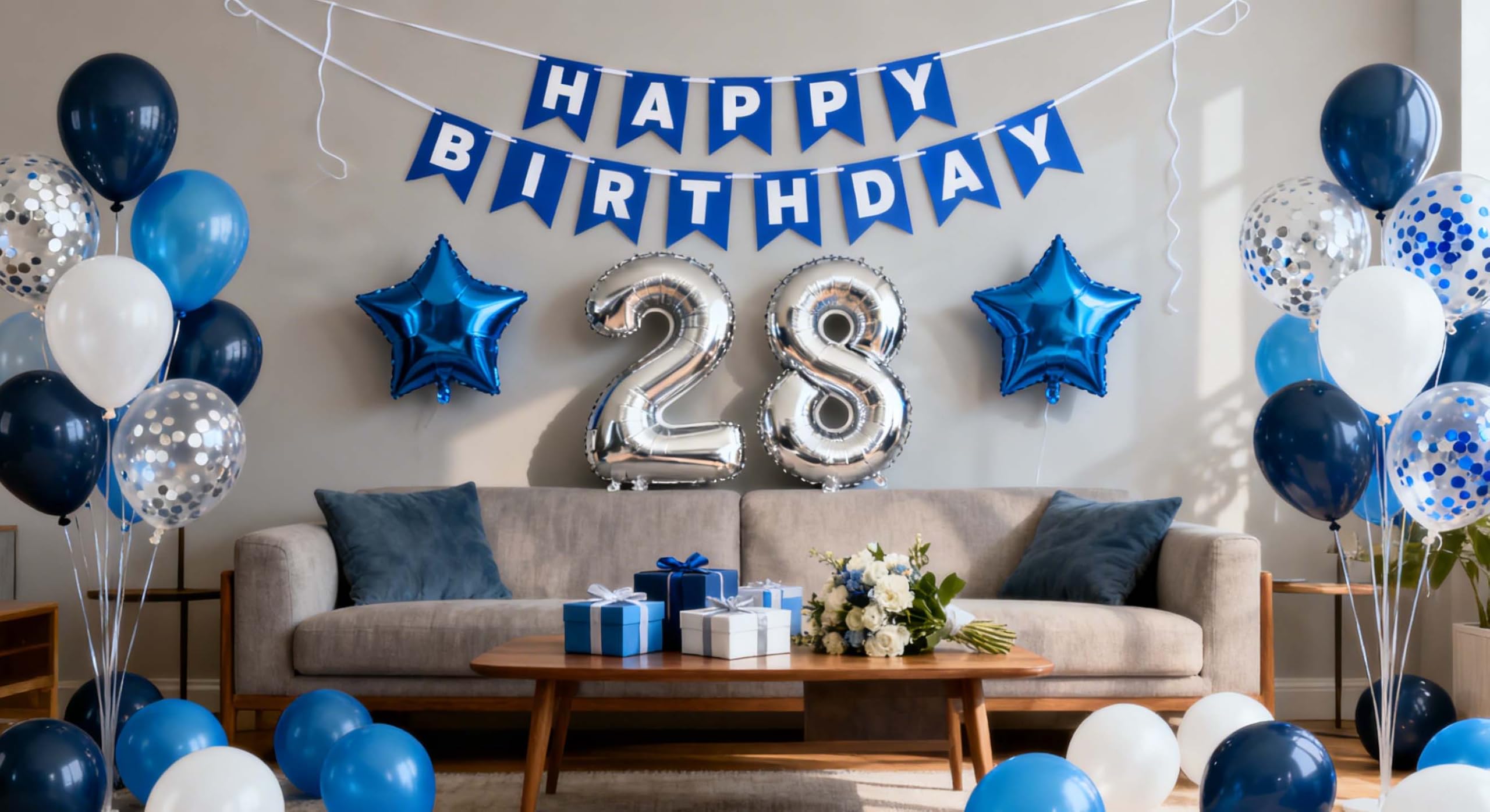 28th Birthday Party Decoration Blue for Him, Happy Birthday Banner Blue Number 28 Birthday Star Foil Balloons Latex Confetti Balloons for Men Him 28