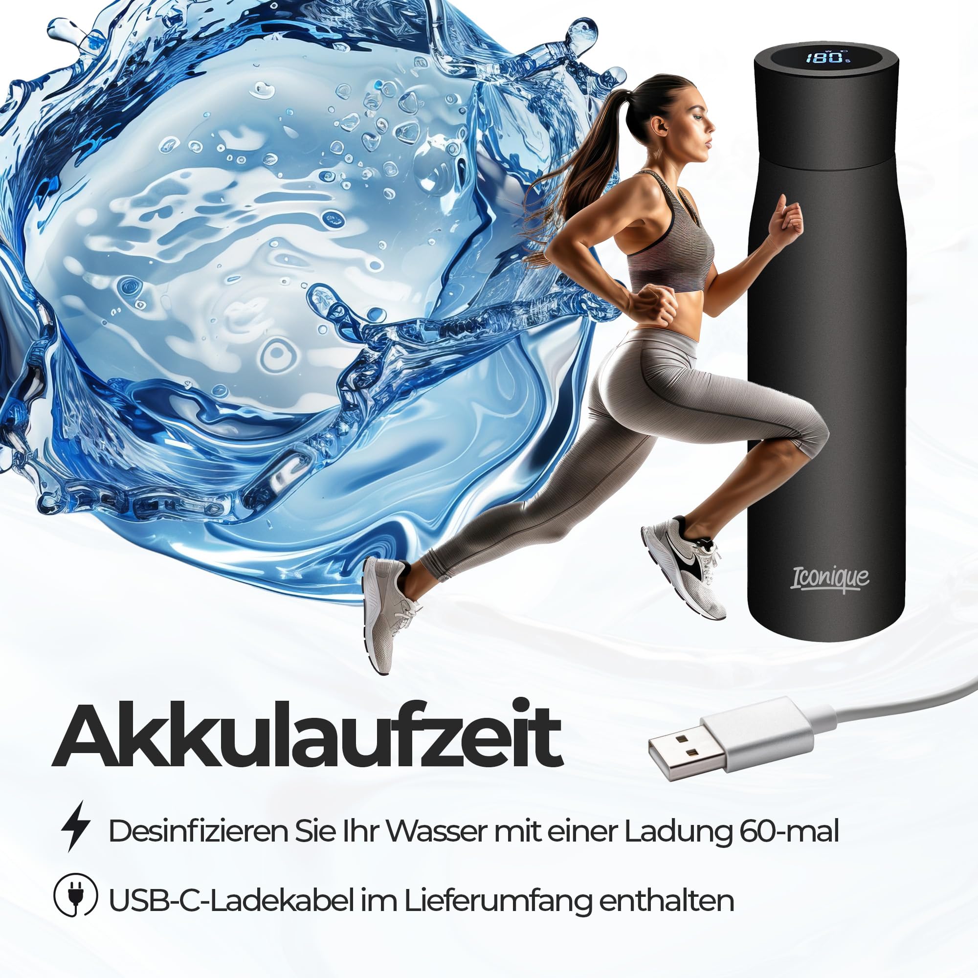 Ikonische Edelstahl-Trinkflasche Mit Uv-Filter | 500ml | Schwarz | Selbstreinigender Wasserfilter, Deckel Mit Led-Temperaturanzeige, Trink-Erinnerungsfunktion
