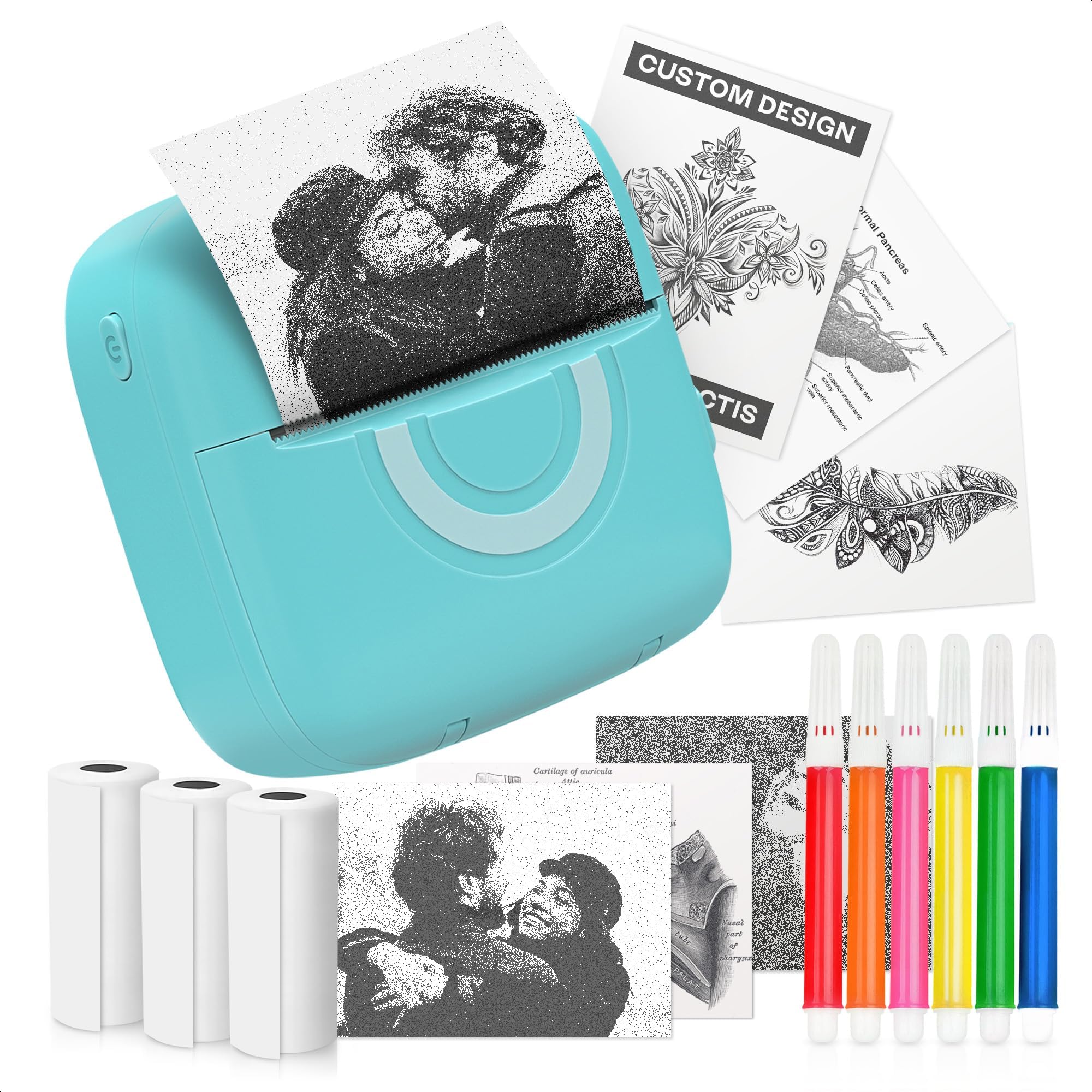 Reluen Mini Sticker Printer Compatible with iPhone & Android – Inkless Thermal Printer with 4 Stickers Rolls, 2 Thermal Rolls | Portable Label &