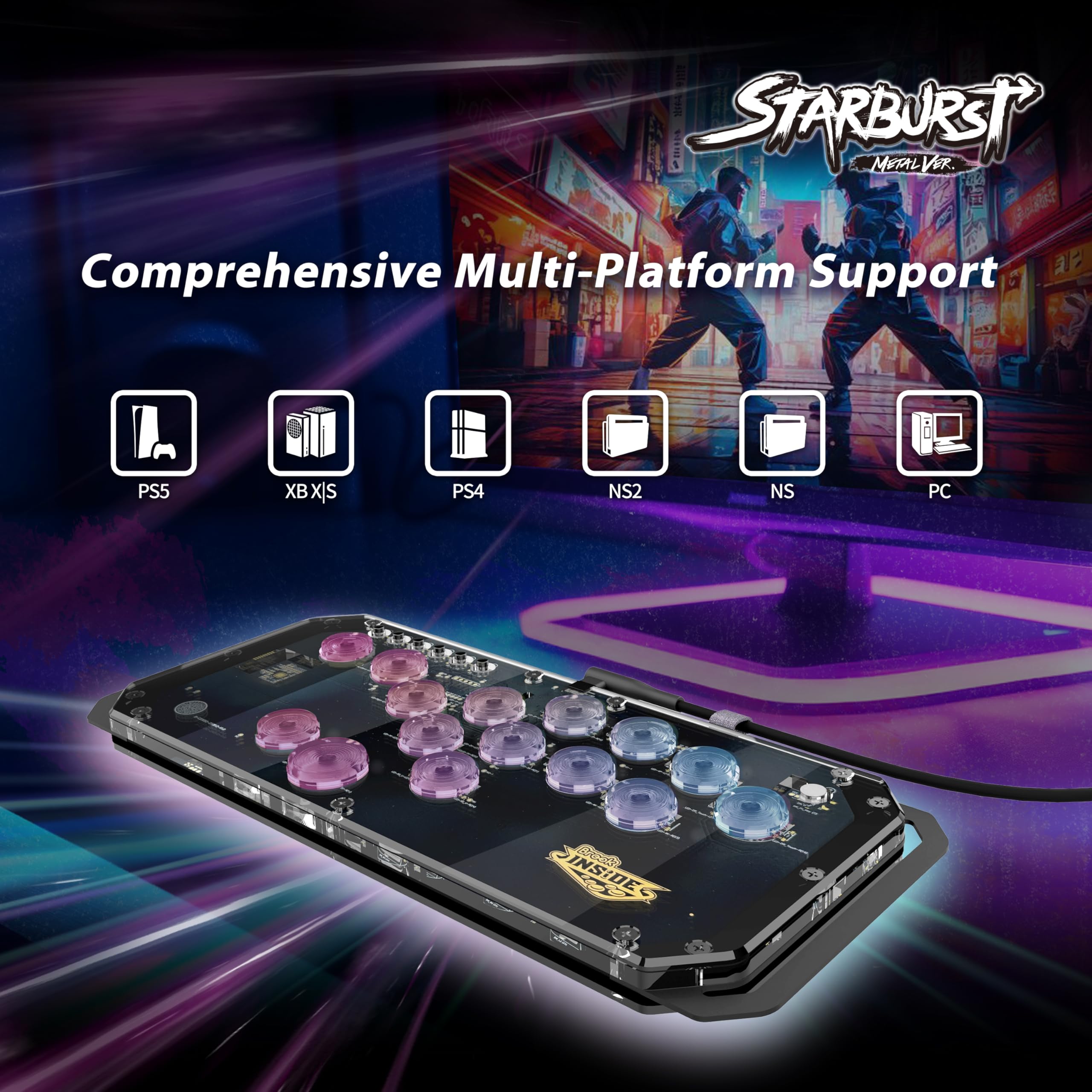 Brook Fighter Starburst Metal Ver. All-Button Arcade Controller for PS5, PS4, Xbox Series X|S, NS, NS2 & PC, Metal Side Handles, Hot-Swappable Switches, RGB Lighting, Officially Licensed (Noir)