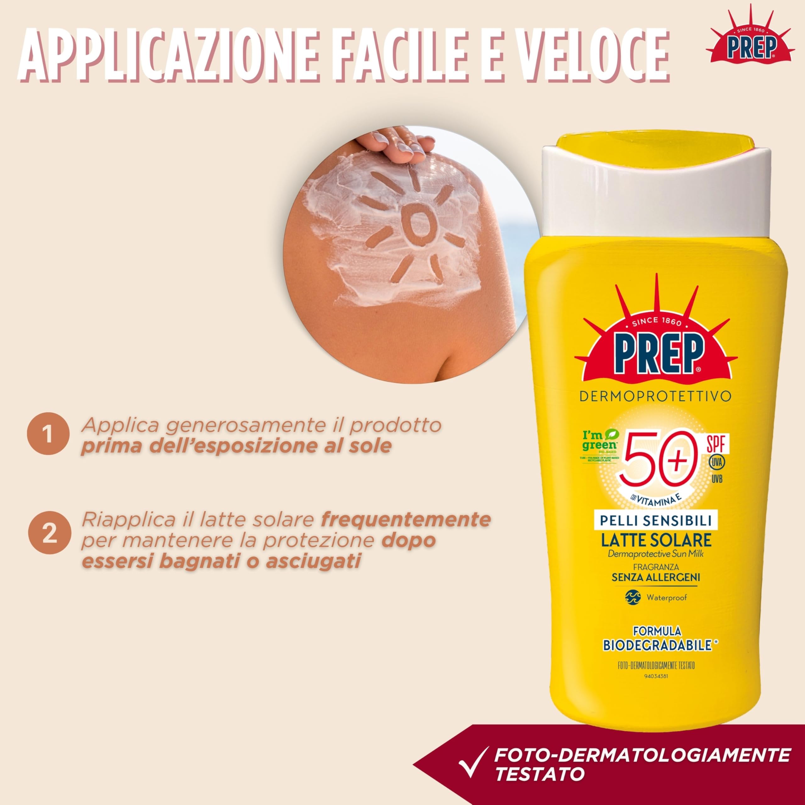 Prep, Latte Solare SPF50+ Protezione Pelli Sensibili, Protezione Raggi UVA/UVB, Con Vitamina E, Succo di Aloe Bio, Senza Parabeni, Allergeni, Fragrance Free, 200ml