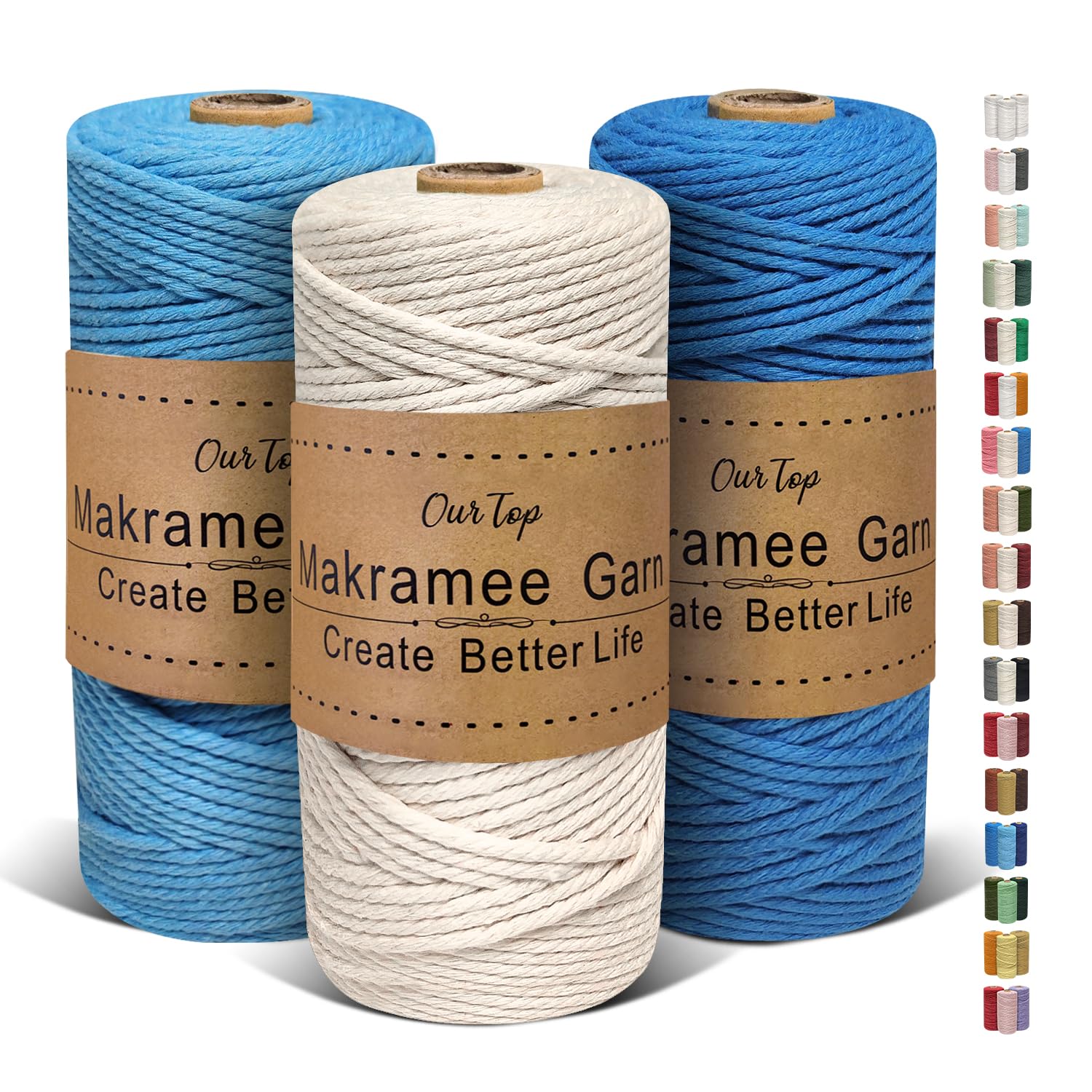 OurTop 3 Rolls Premium Macrame Cord, 3mm x 100m Braided Macrame Rope Twisted Cord Yarn Macrame Yarn Thick Rope for Wall Hangings, Plant Hangers, DIY Crafts(Beige, Sky Blue, Dodger Blue)