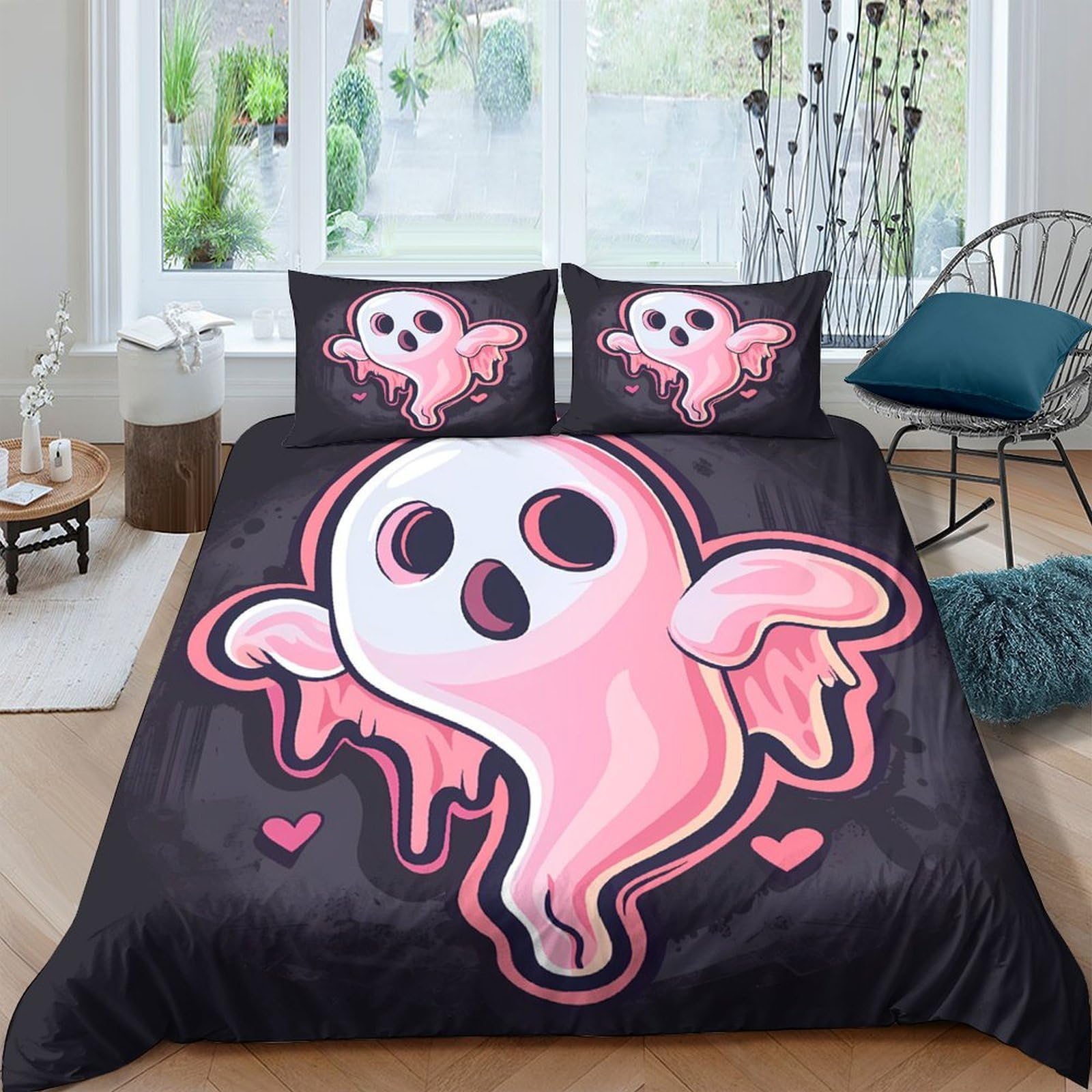 XFKLYNVCJ 3D Printed cute ghost design Comforter Cover Premium Polyester pink dripping style Quilt Cover Wrinkle Free Durable for Housewarming Gift New Homeowners Bedding Use King（220x240cm）