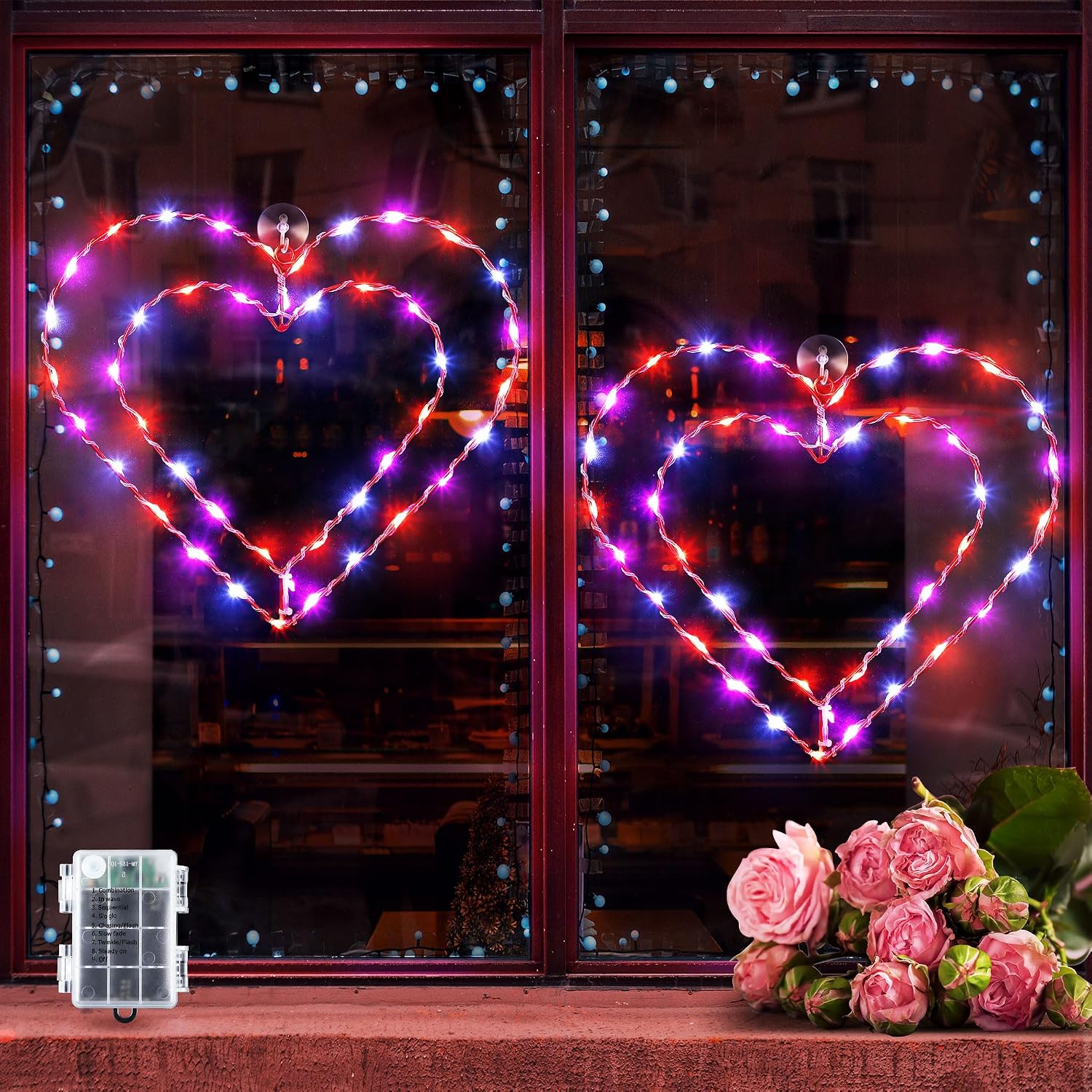 Enhon Valentine's Day Window Lights, 2 Pack 13.4 Inch Lighted Heart Silhouette Decor, 8 Modes Valentine Window Decorations for Valentine's Day, Wedding, Proposal, Birthday Party(Red, Pink, White)