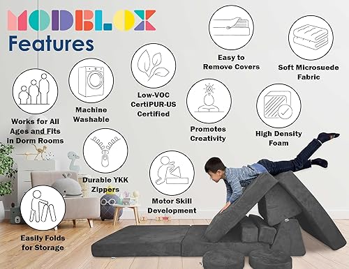 Miniatura 4 de Mod Blox Sofá modular suave de 10 piezas para niños y niñas  Sofá modular para niños pequeños con fundas de microgamuza + cojines de espuma