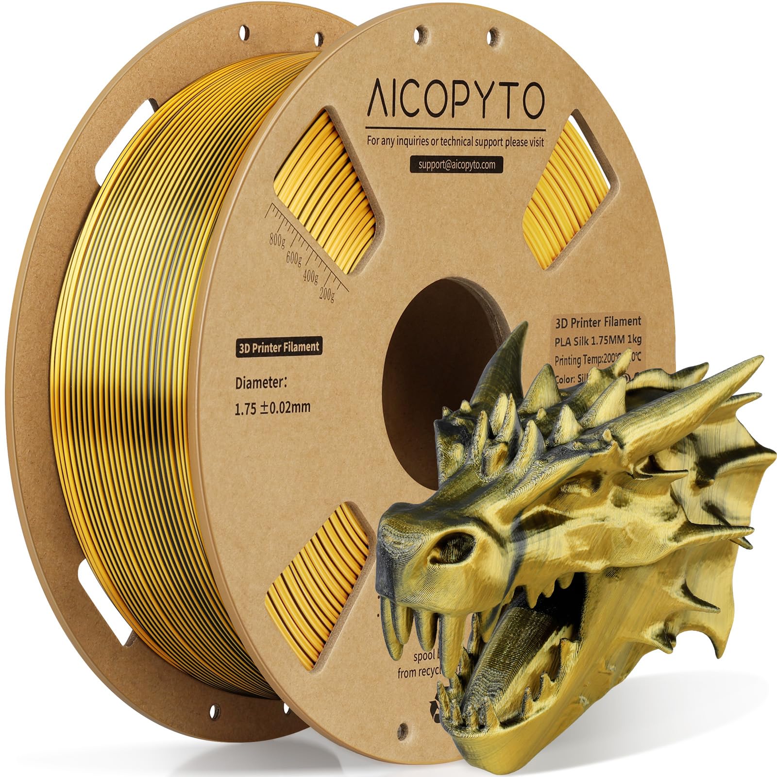 3D Printer Silk PLA Filament 1.75mm, Shiny Dual Color Gold Black, Dimensional Accuracy +/- 0.02 mm, 1KG (2.1lbs)/Spool Easy to Print for Most FDM 3D Printers