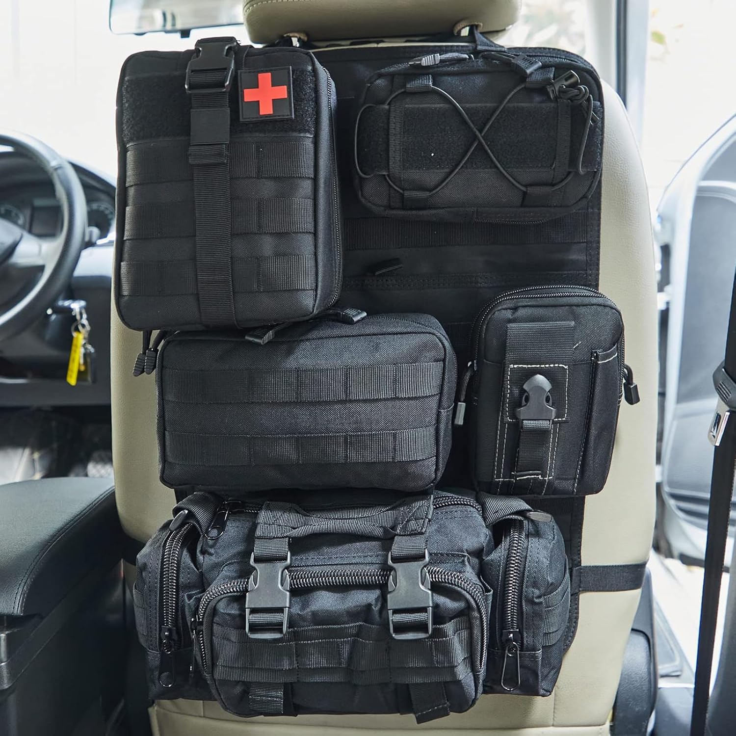 BXBXHD 6 Pack Tactical Truck Organizer Back Seat Storage Car Seat Storage Bag Molle Panels for vehicles, Car and SUV with Lots of Handy Compartments (Black)