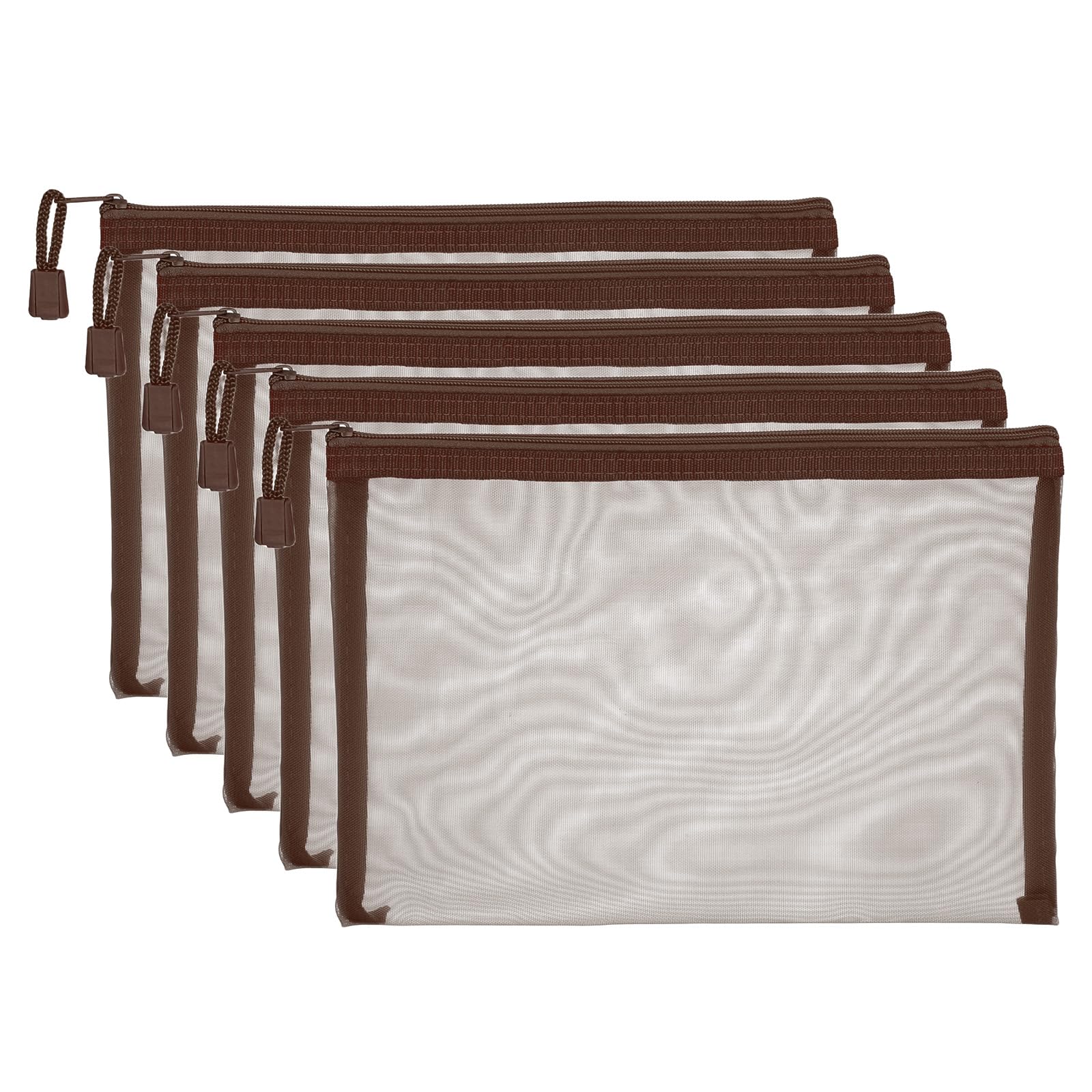 PATIKIL A5 Mesh Zipper Pouch Bags, 5 PCS Mesh Bags with Zipper Plastic Storage Pocket for Organizing File Beads Office Home Supplies, 18x25cm, Brown
