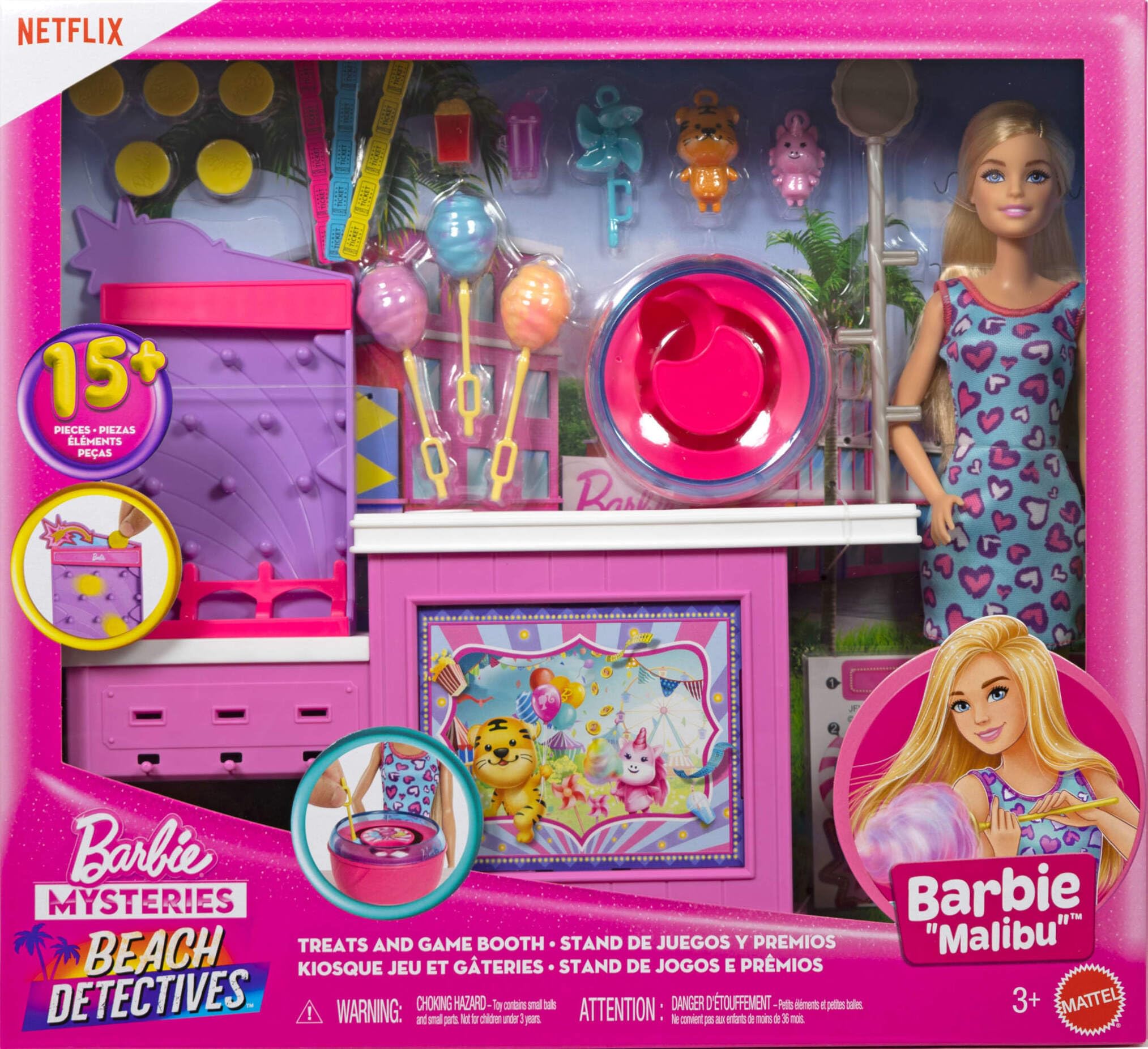 Barbie Mysteries: Beach Detectives Barbie Malibu Conjunto de juego con muñeca y puesto de juegos con algodón de azúcar, con 20 accesorios, incluidos premios, JFV67