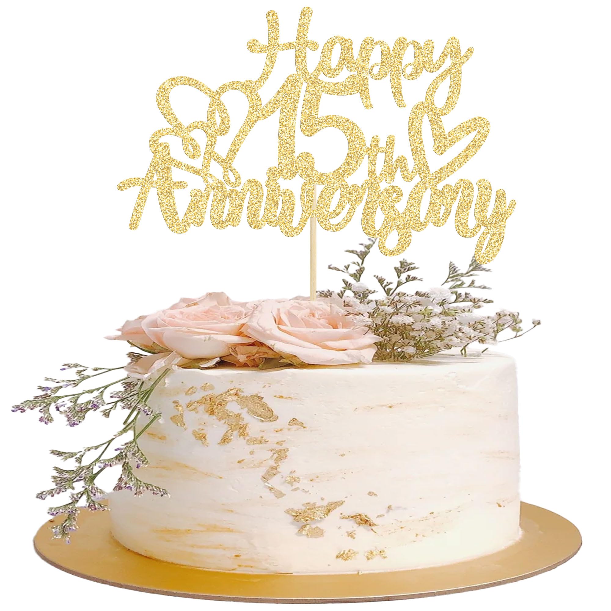 Gyufise Confezione da 3 topper per torta di 15° compleanno, con glitter dorati, 15 per 15 anni, 15 e favoloso set per torte quindici 15° anniversario di compleanno
