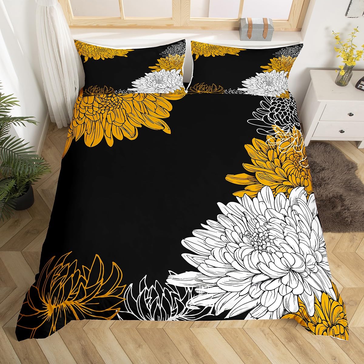 Abstract Flowers Duvet Cover,Kids Yellow Black Floral Bedding Set,Aesthetic Vintage Flowers Comforter Cover for Boys Girls Room Decor,Art Bedspread Cover Single Size with 1 Pillow Case(No Comforter) — image 1