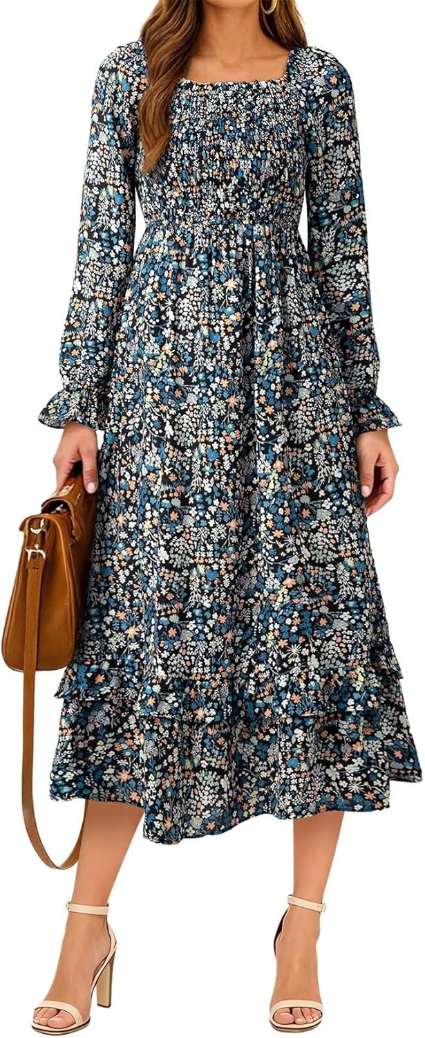 Dokotoo Boho Dresses for Women 2025 Casual Floral Square Neck Long Sleeve Smocked Elastic Waist Tiered Ruffle Hem Maxi Dress