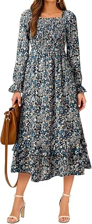 Dokotoo Boho Dresses for Women 2025 Casual Floral Square Neck Long Sleeve Smocked Elastic Waist Tiered Ruffle Hem Maxi Dress