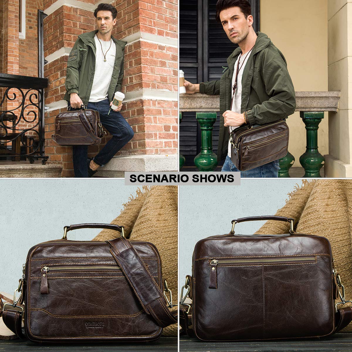 CONTACTS Bolso Bandolera de Piel Auténtica para Hombre, para Laptop de 12 Pulgadas, Café,vintage mensajería para hombres y mujeres, viajes,