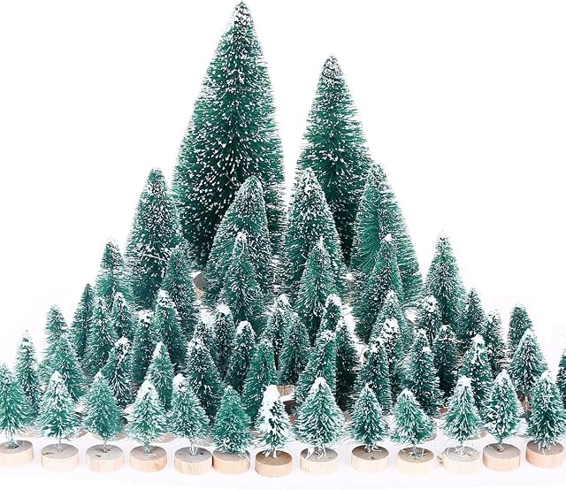 MELLIEX 60 PCS Miniature Artificial Christmas Tree Tabletop Snow Frosted Trees with Wood Base for Christmas Party Home Decoration