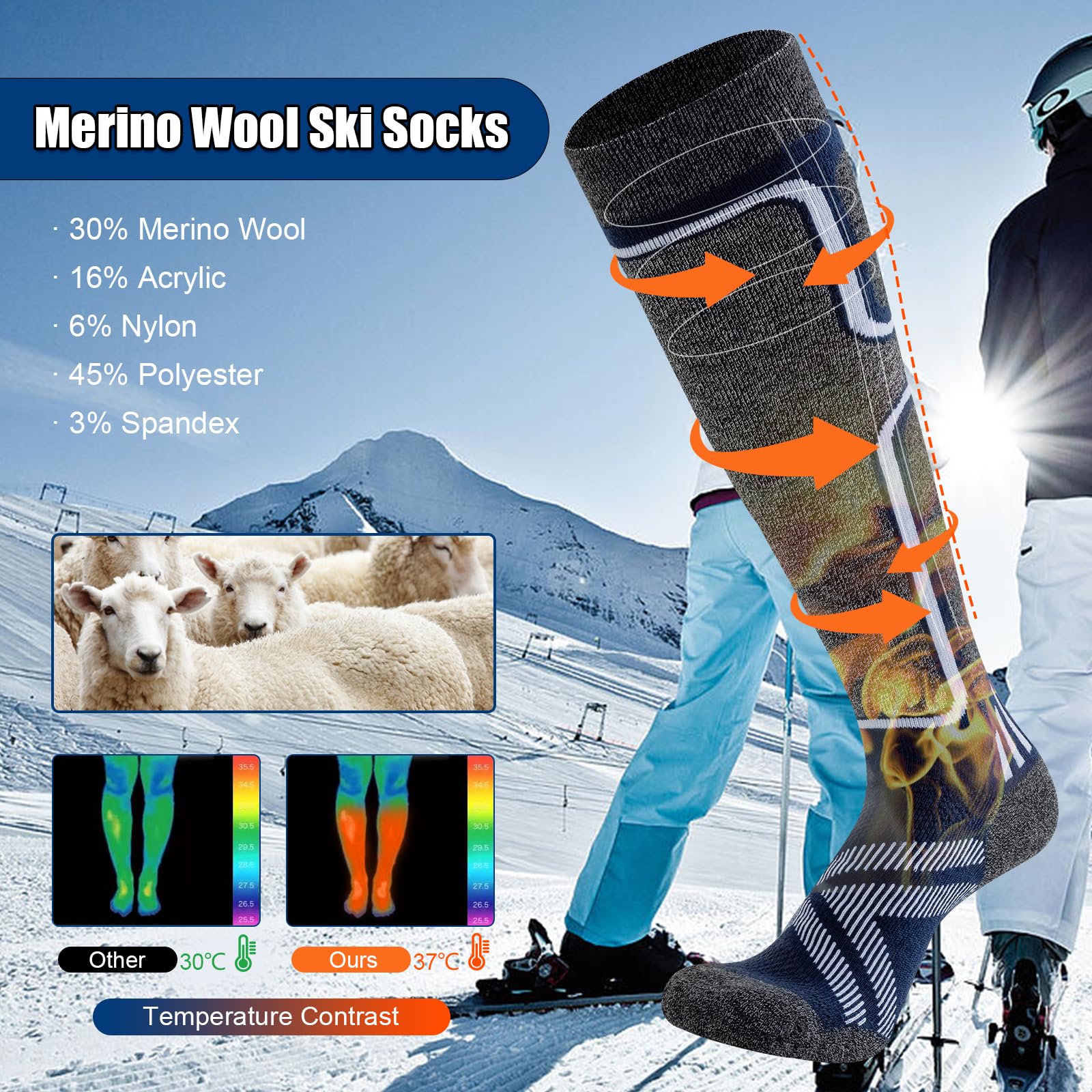 Cirorld Calze da sci in lana merino, da donna, 2 paia, alte al ginocchio, calde, invernali, termiche, per snowboard