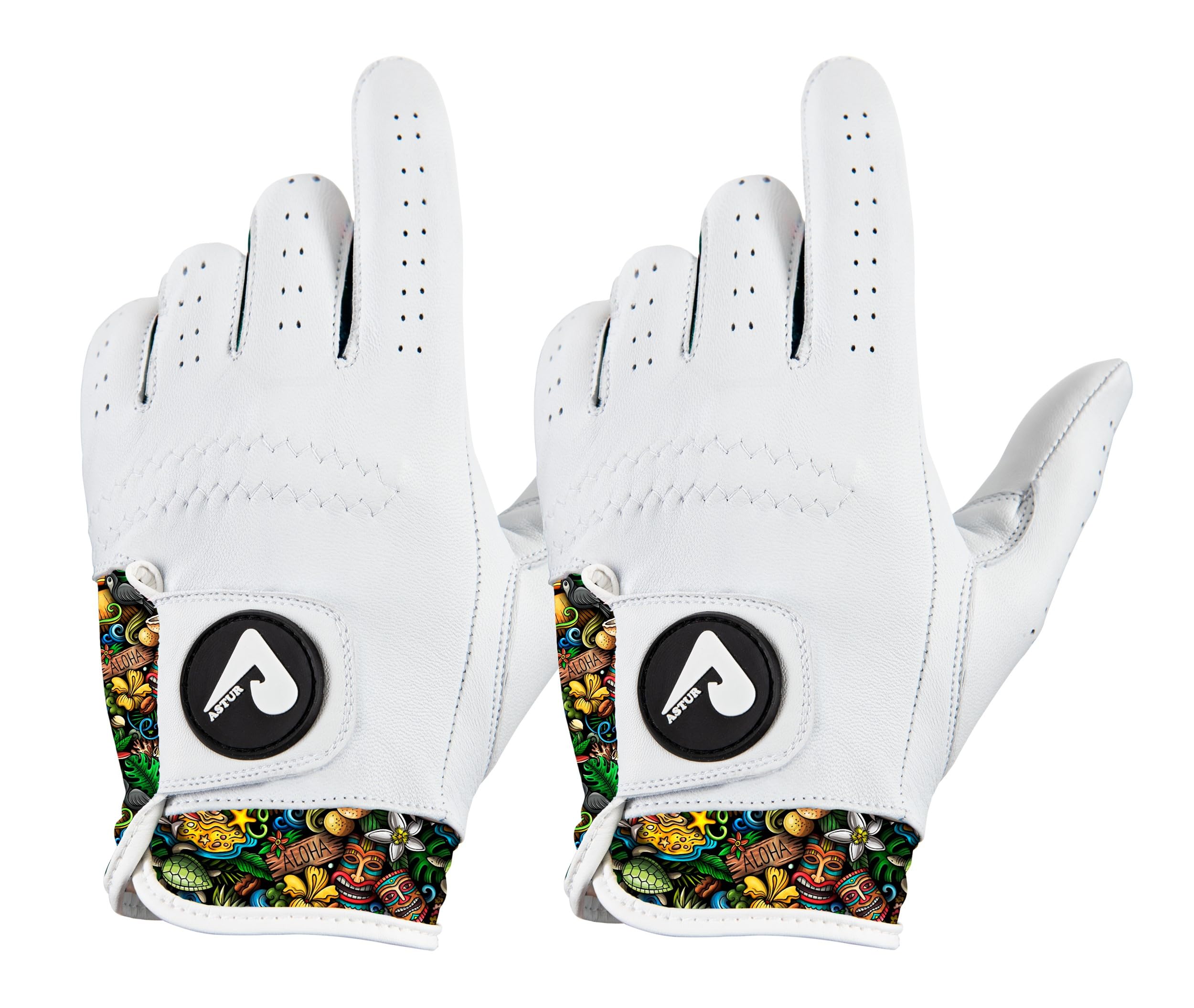 ASTUR Golf Gloves 2 Pack Cabretta Leather Golf Glove Men Left Hand Charismatic Unique Wrist Design Print (Hawaii Aloha, M)