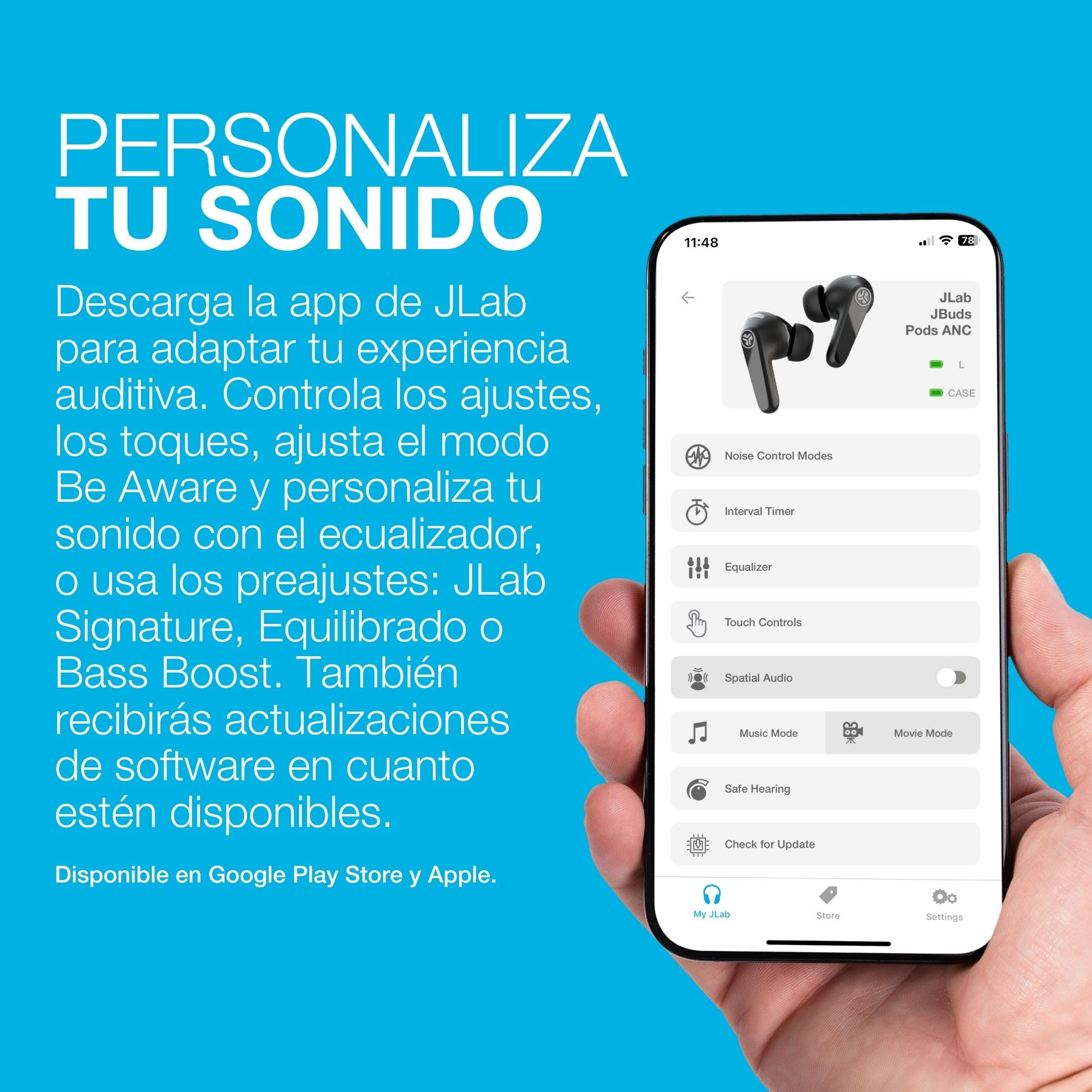 JLab JBuds Pods ANC - Auriculares Bluetooth con Cancelación Activa de Ruido, 56+ Horas, In-Ear, IP55, Audio Personalizable, Control por Aplicación, Conexión Multipunto, Llamadas Nítidas, Negro
