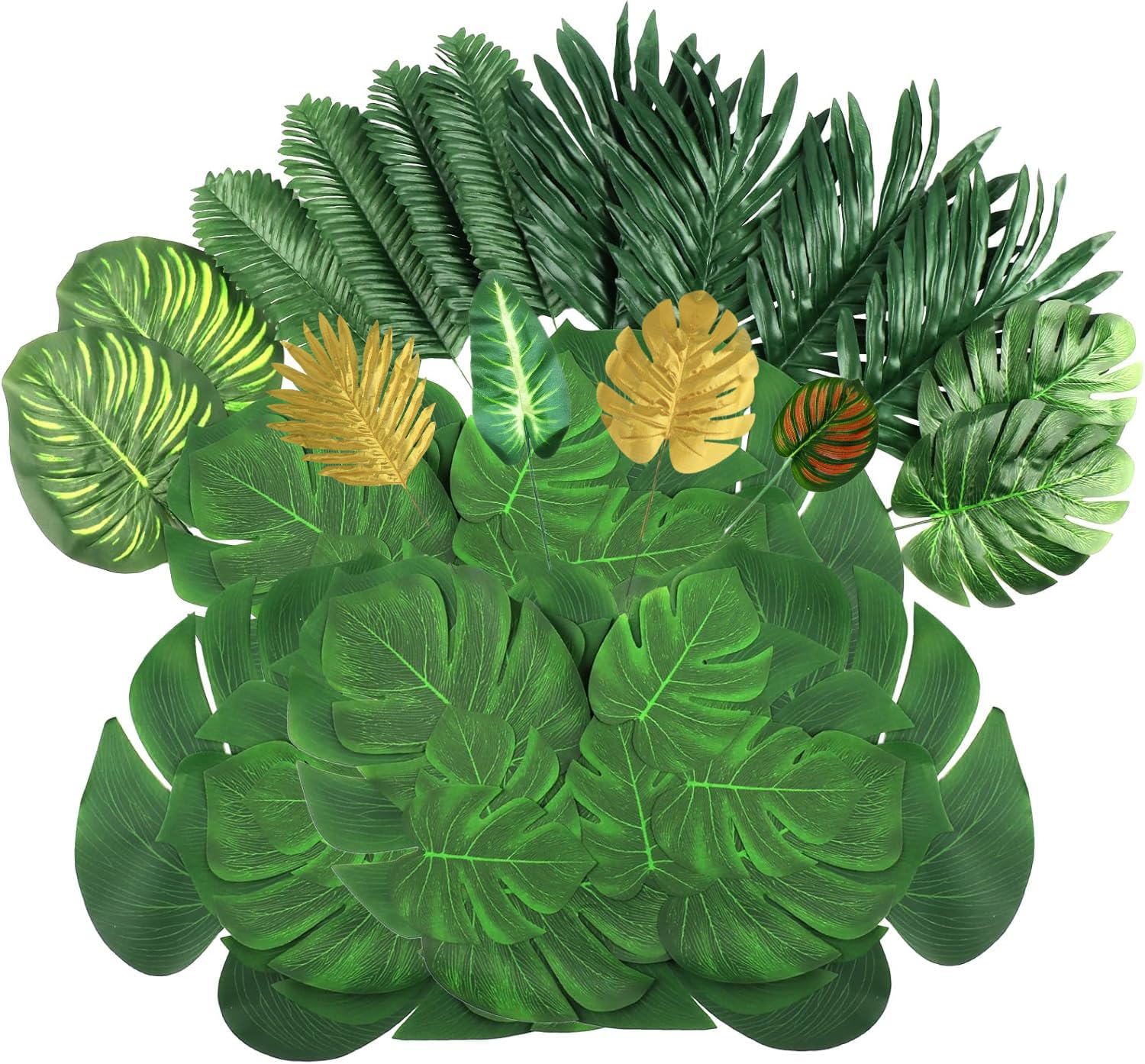 108 Pieces 11Kinds Artificial Tropical Leaf Jungle Leaves Plant Safari Leaves Decorations Fake Palm Golden Leaf with Stems for Hawaiian Luau Party Table Beach Birthday Wedding Theme Party Decorations