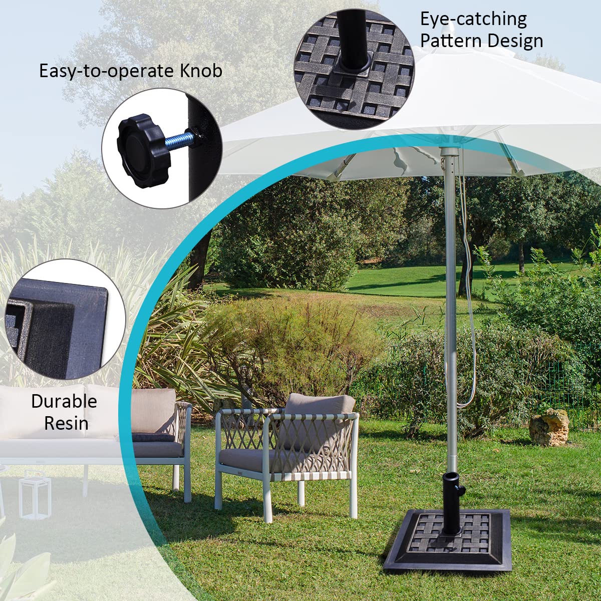 RELAX4LIFE Pied de Parasol Carré 12kg en Résine, Base de Parasol Lourde avec Tube en Acier Inoxydable pour Mâts Ø 38/48mm, Support de Jardin Stable et Robuste, Design Moderne, Noir