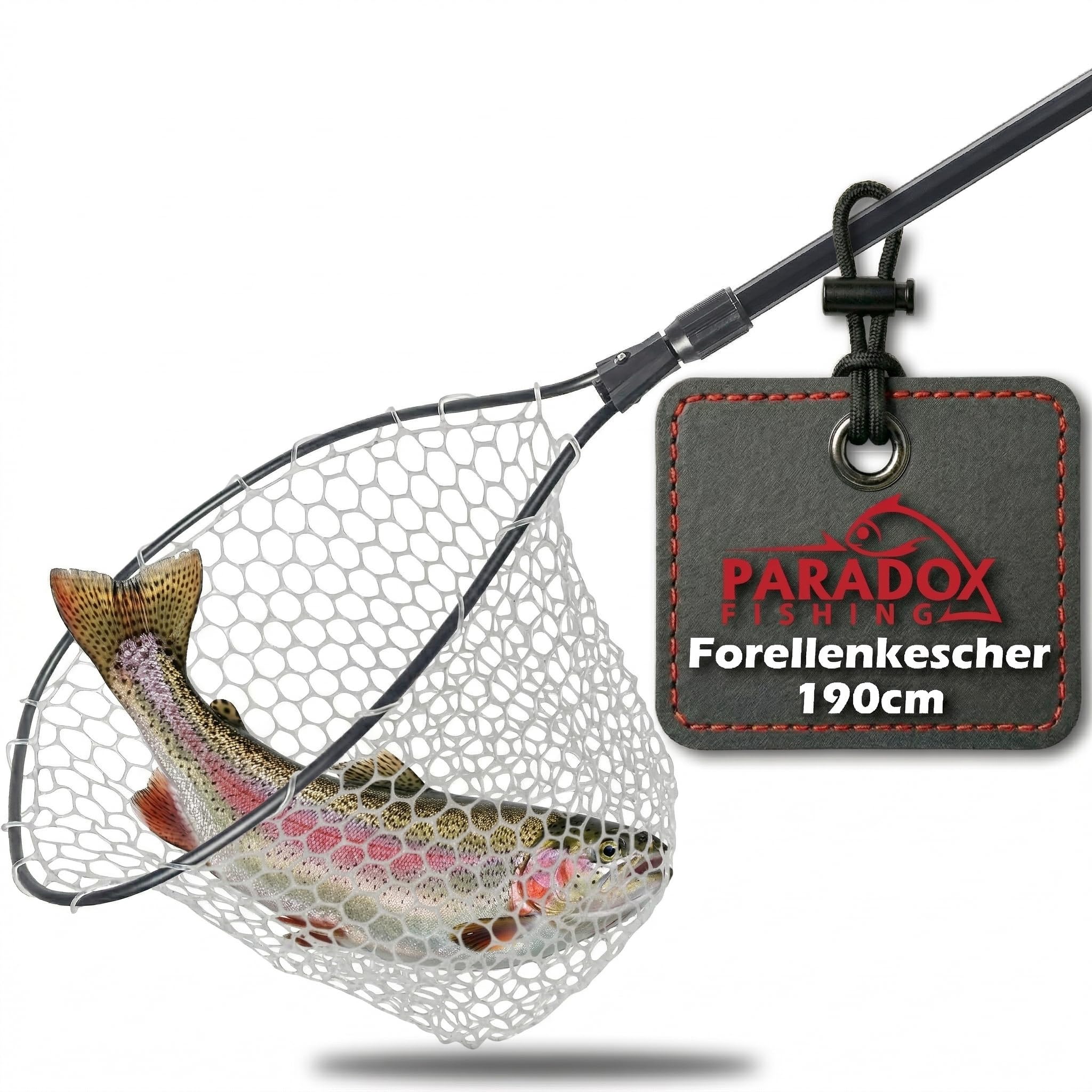 Paradox Fishing Retino per trote, 1,9 m, per laghetto trota, rete in gomma trasparente per un minimo effetto abrasivo, retino telescopico delicato sui pesci, 50 x 45 x 45 cm, testa rimovibile e manico
