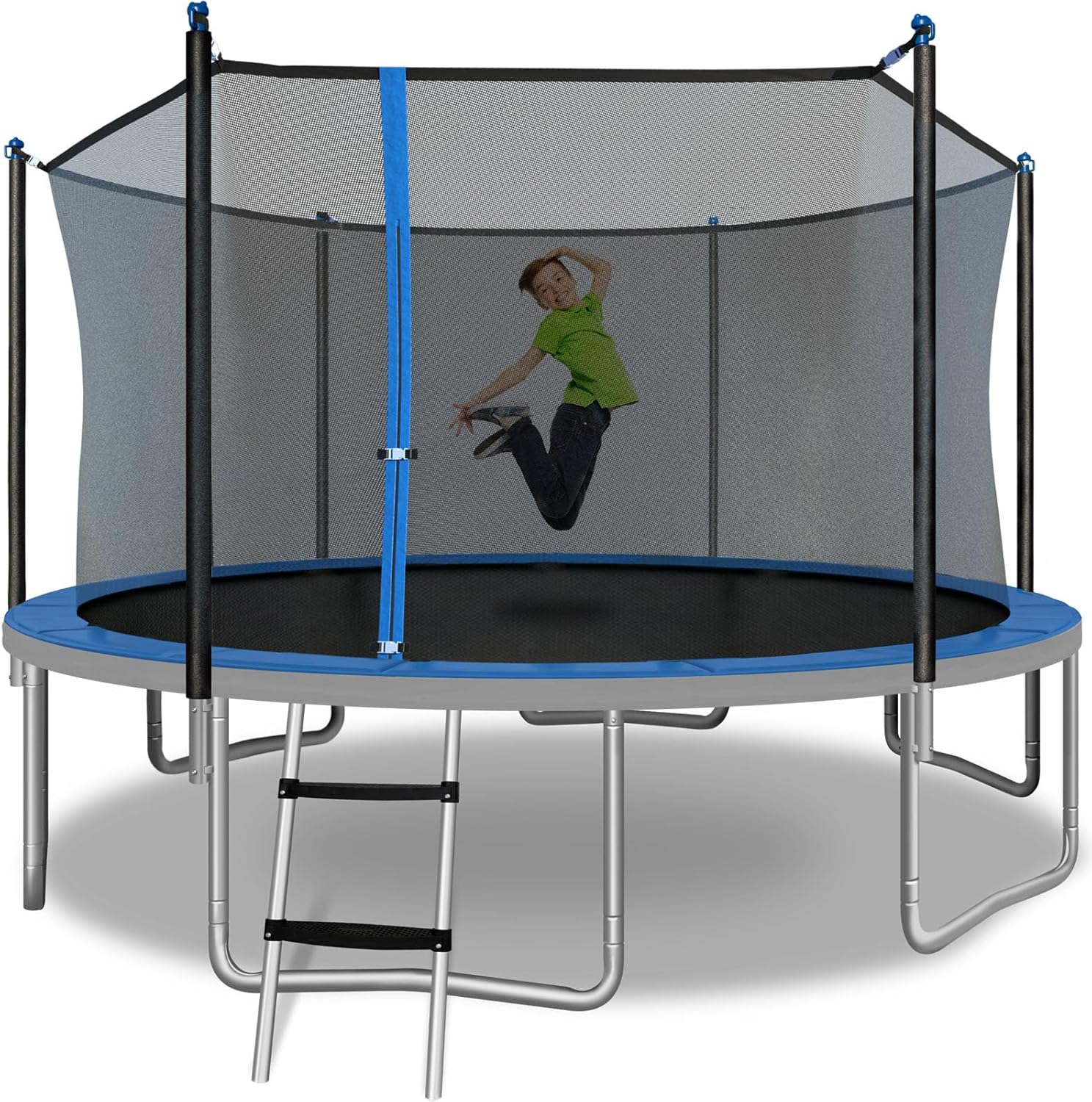 Round Trampoline with Heavy Duty Galvanized Rust Resistent Steel Frame: 6-Pole Safety Enclosure Combo, Meets ASTM Safety Standard, 14 Ft - Blue