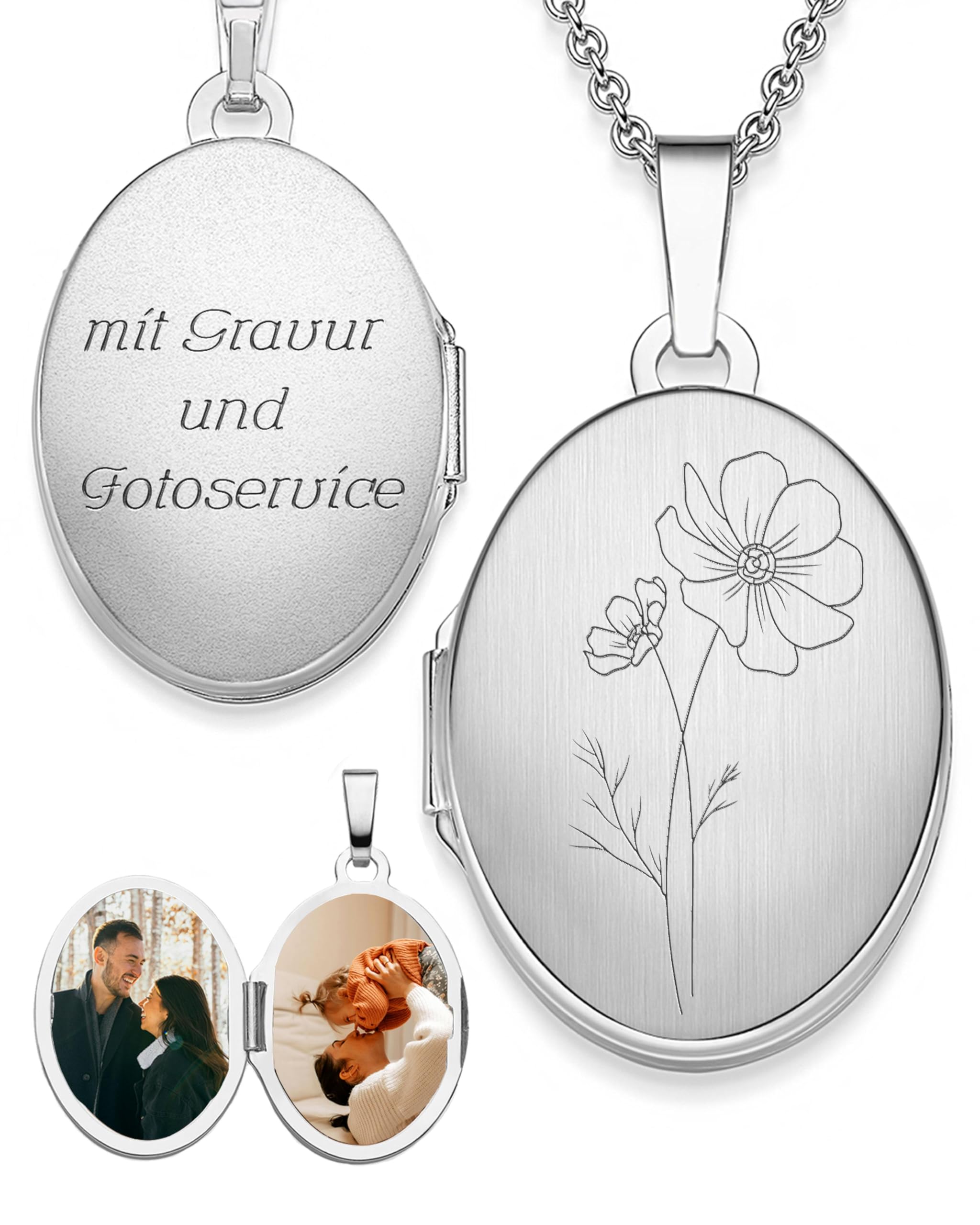 Amoonìc Damen Medaillon mit Geburtsblume oval Silber 925 / Gold vergoldet | Kette zum Öffnen für Bilder personalisiert mit Geburtsblumen Gravur, Geschenk Geburtstag