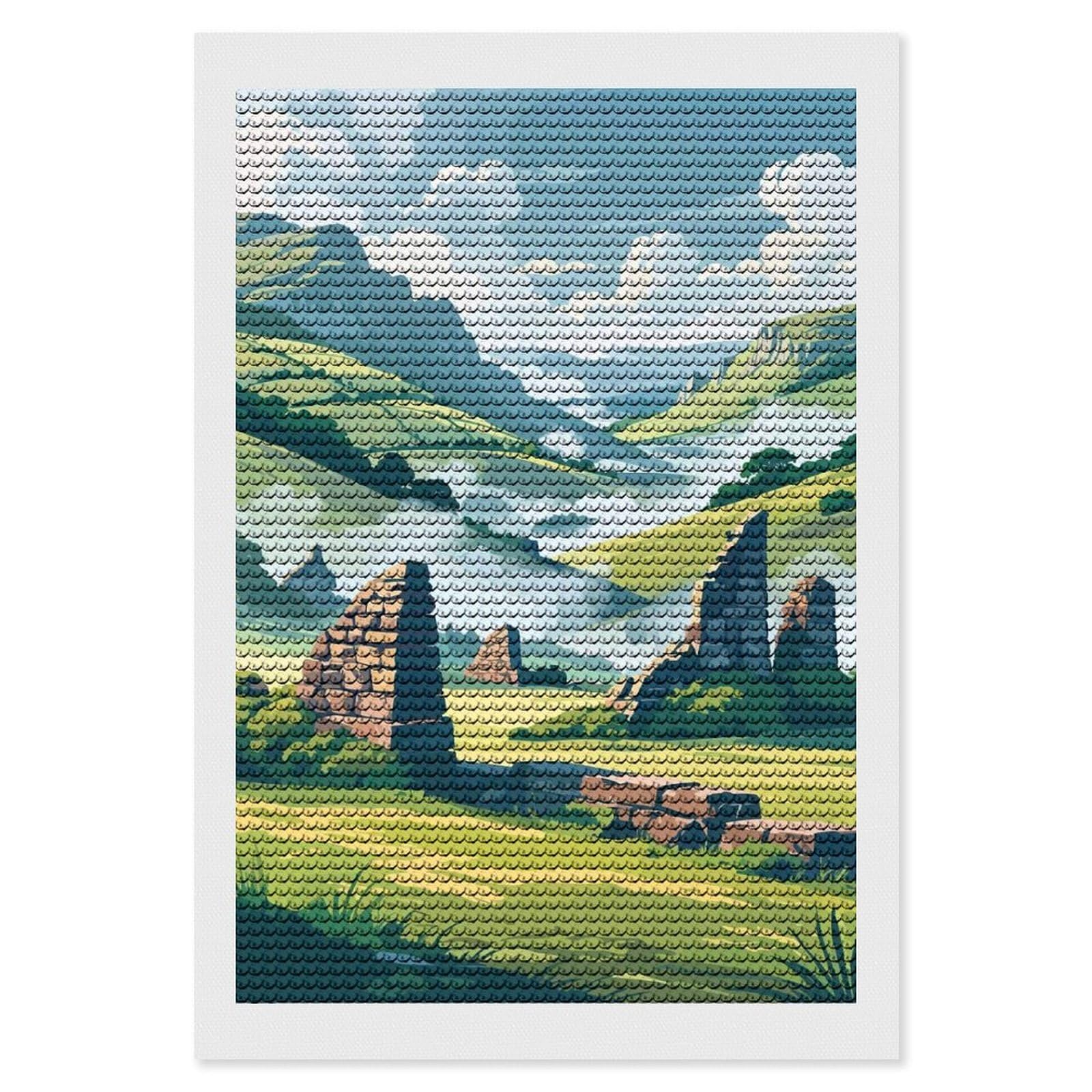 Junmoney Ruins in A Green Valley Diamond Painting Canvas Set 8"x12", Full Kit Included, Calming Craft to Unwind, Farmhouse Decor, Christmas Gift