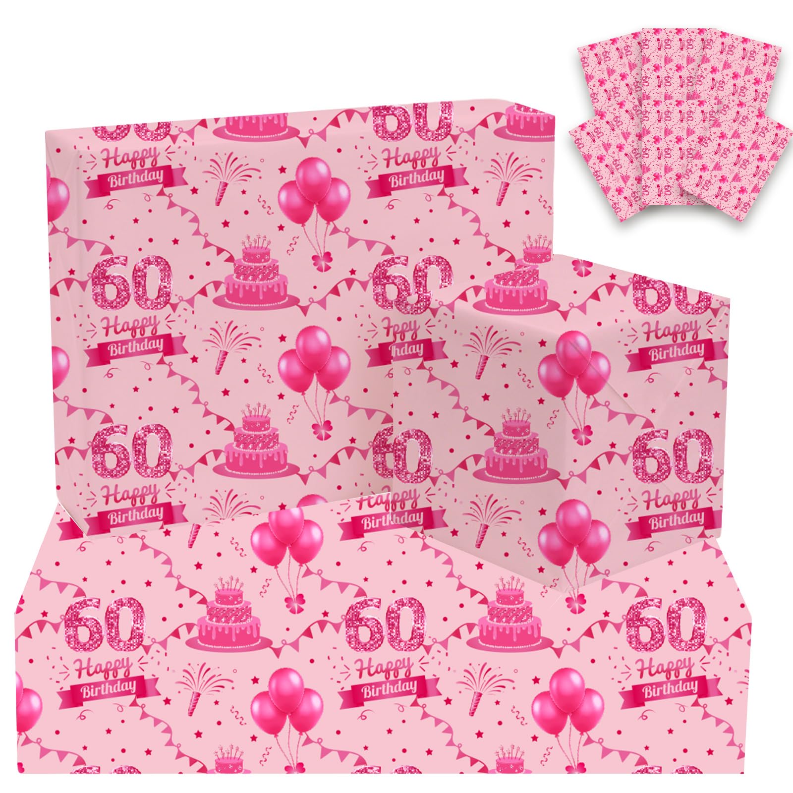 6 Sheets 60th Birthday Wrapping Paper, 70x50cm Pink Happy Birthday Gift Wrap for Women, Recyclable Decorative Paper for 60th Birthday Party Decorations