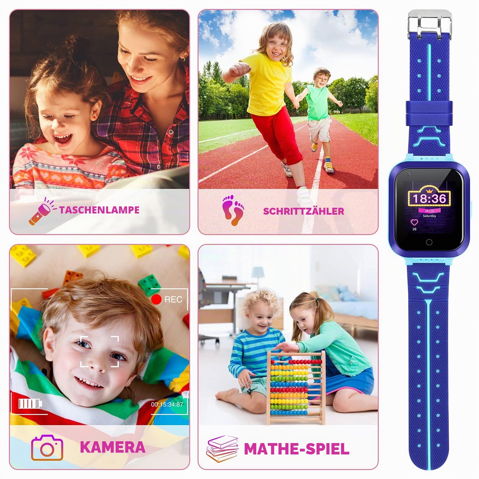 Kinder-Smartwatch,Kinderuhr GPS Anruf,Wecker,Match-Spiel,SOS Kamera-Touchscreen kindersmartwatchuhr Armbanduhr 3-15 Geburtstag Telefonieren Geschenk Weinachtsgeschenke,Blau,one Size