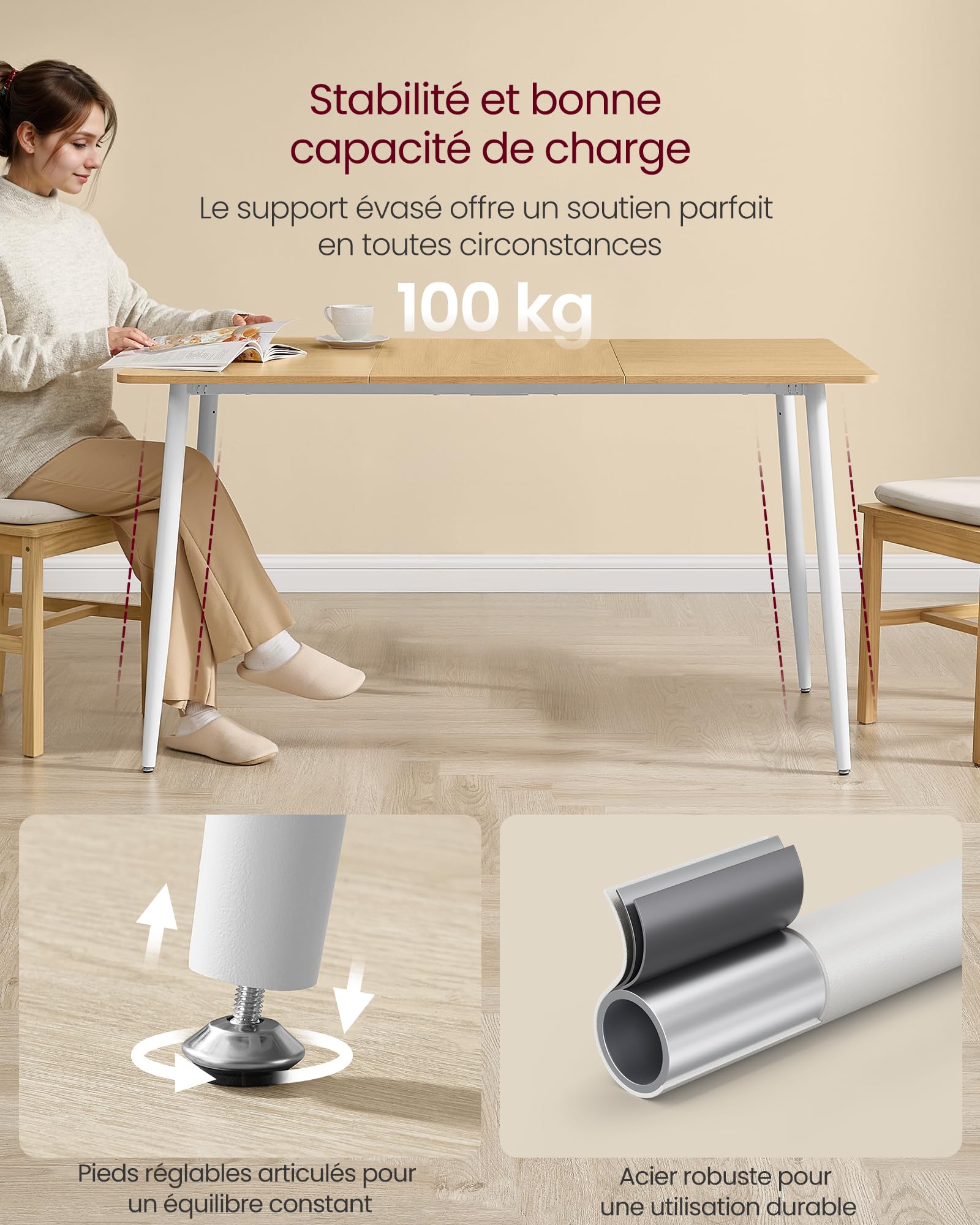 VASAGLE Table à Manger 75 x 140 x 75 cm Doré Chêne Blanc Nuage pour 4 à 6 Personnes