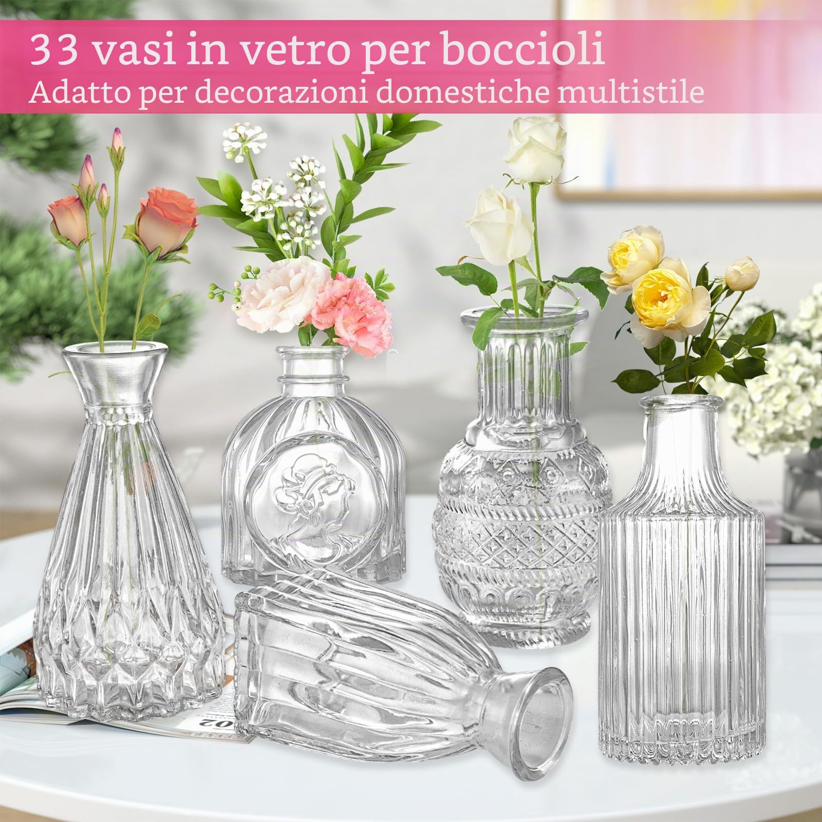 Set di 33 Vasi in Vetro Piccoli per Centrotavola di Nozze Rustici, Mini Decorazioni Floreali per La Casa, Trasparenti