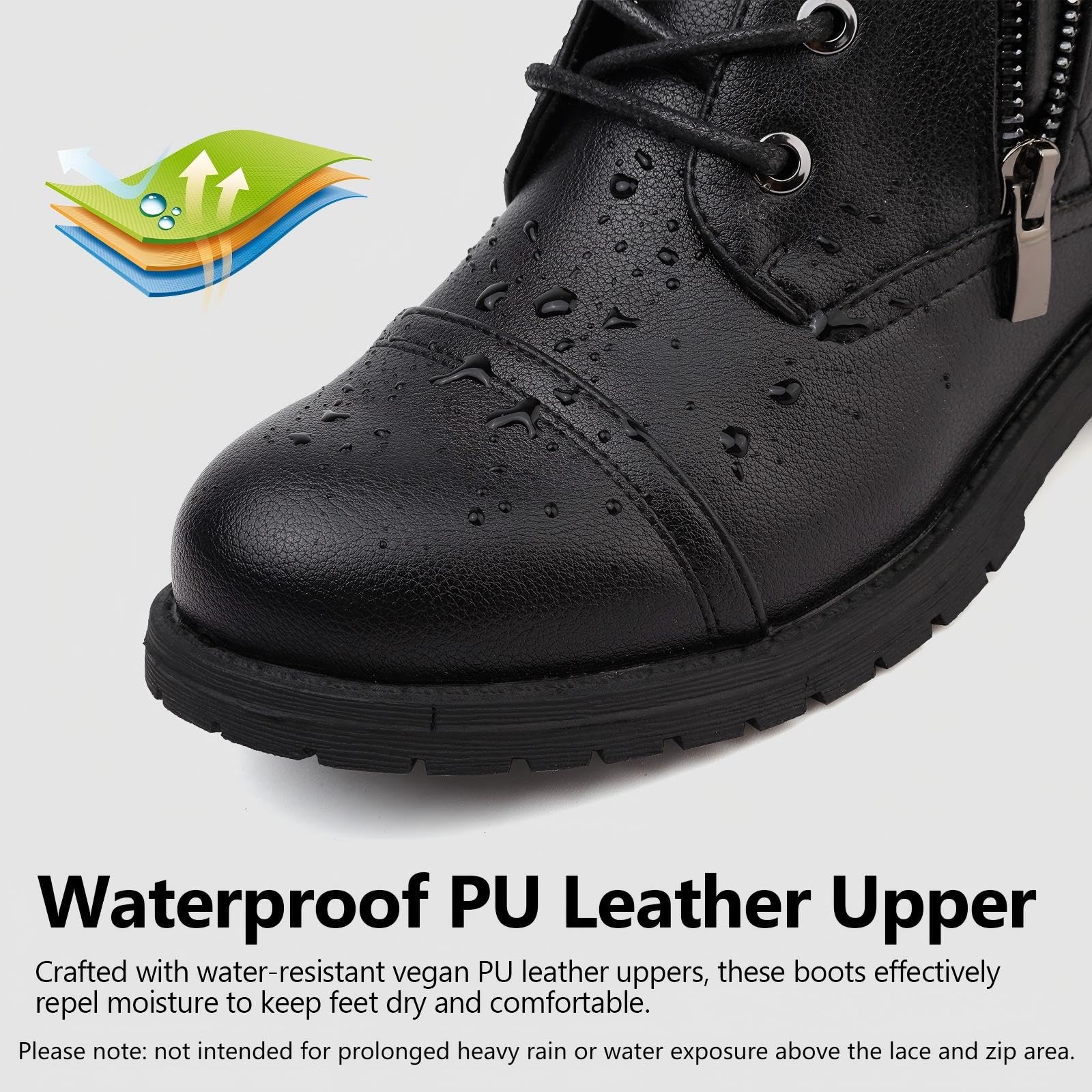 Maxome Stiefeletten für Damen, wasserdicht, Kampfstiefel, schwarz, Schnürstiefel, seitlicher Reißverschluss, niedriger Absatz, Booties