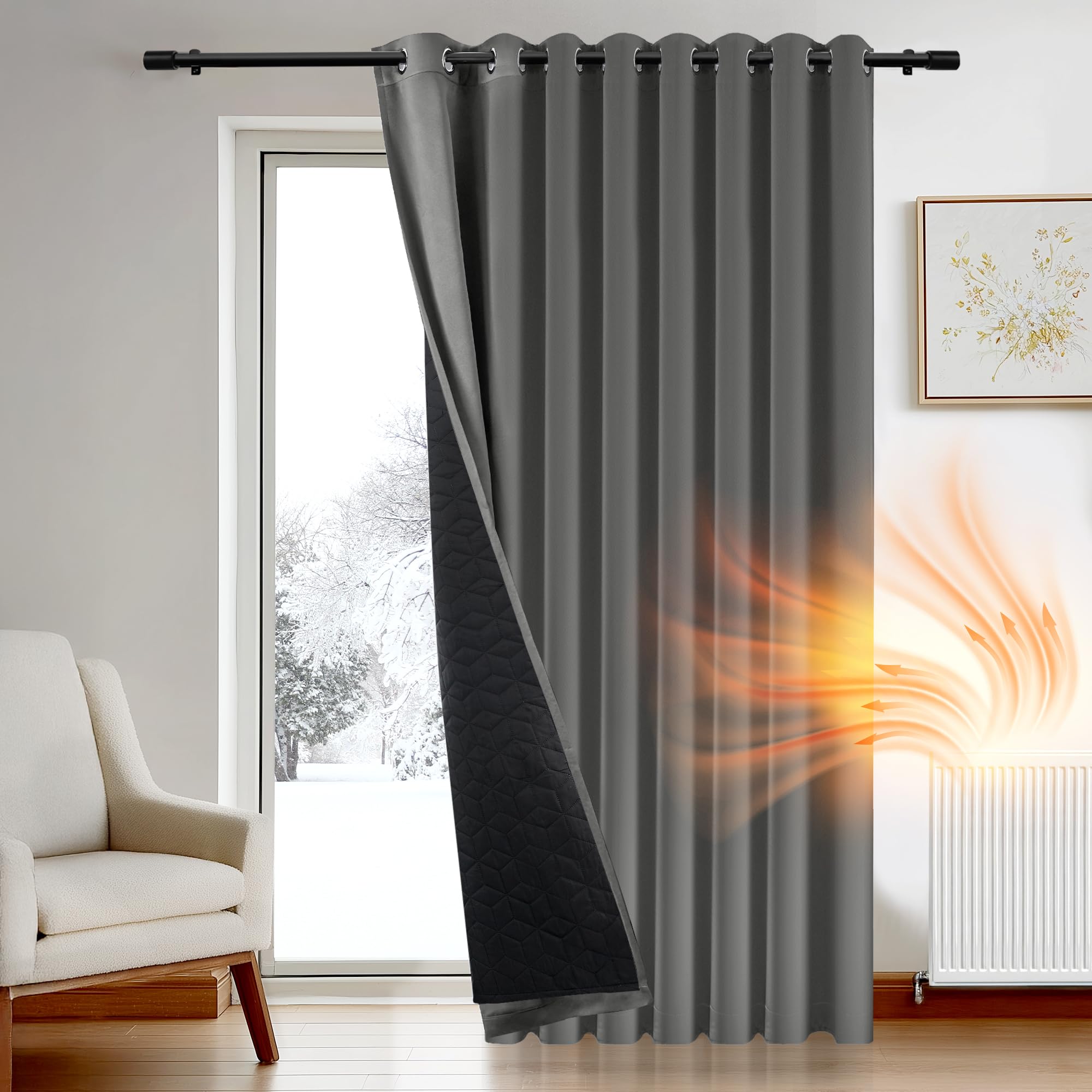 Deconovo Thermal Curtain for Door, Extra Wide Window Panel with Thick Microfiber Quilted Lining, Eyelet Blackout Curtain for Bedroom, W 110" x L 63", Light Grey, 1 Panel โ image 1