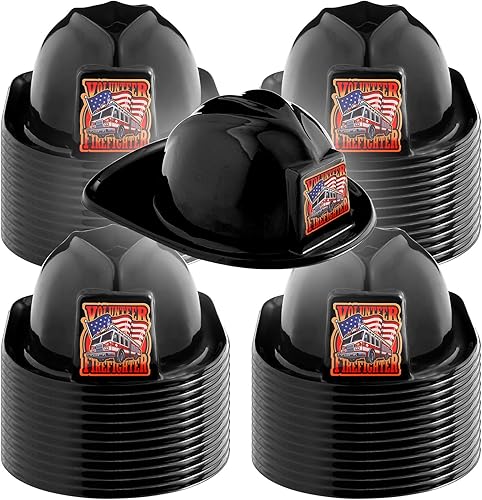Jiuguva 48 sombreros de bombero para niños pequeños de plástico suave, casco de jefe de bomberos para juegos de rol, fiesta de disfraces (negro)