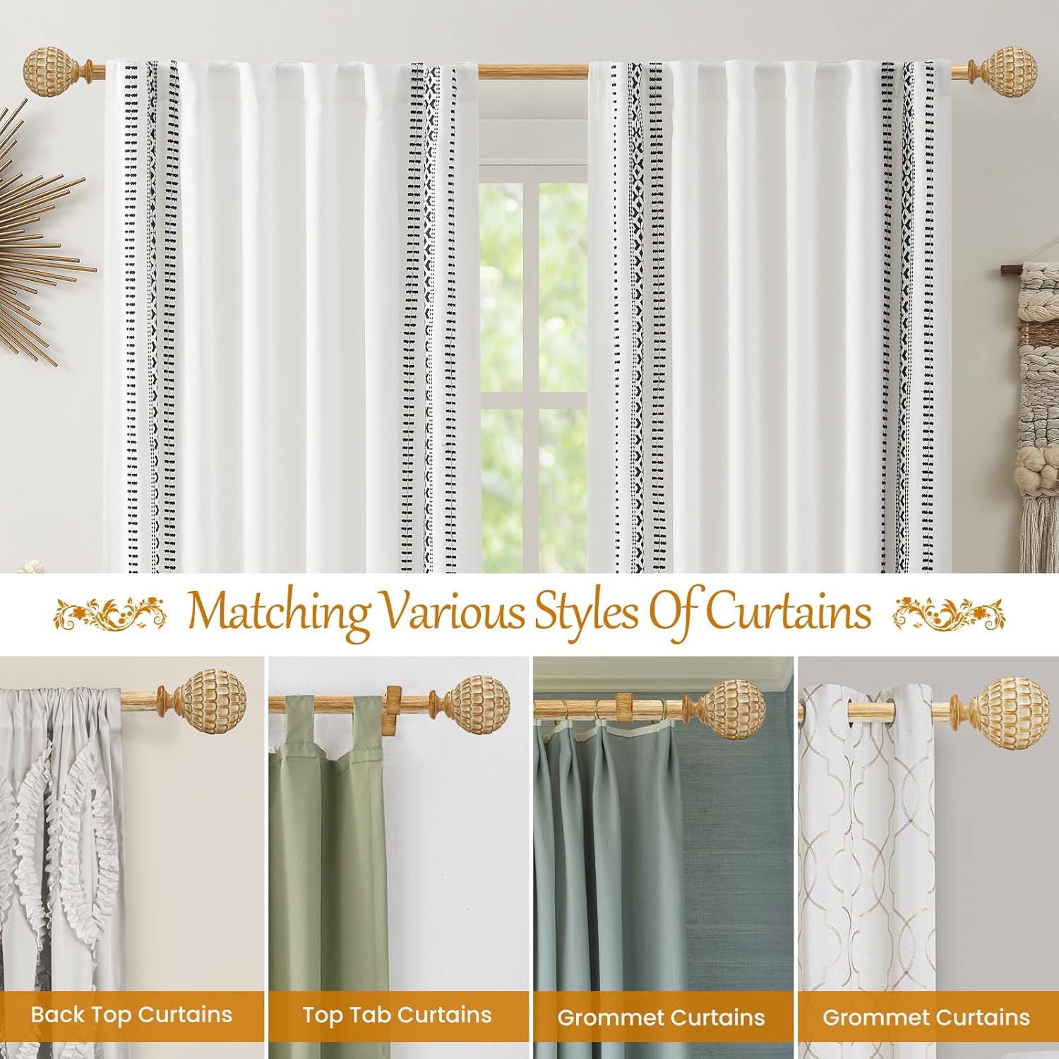 2 Pack Wood Boho Curtain Rod for Windows 48 to 84 inch, 1-inch Heavy-Duty Adjustable Curtain Rod with Decorative Pinecone finials for Farmhouse Living room, Bedroom, Dining room