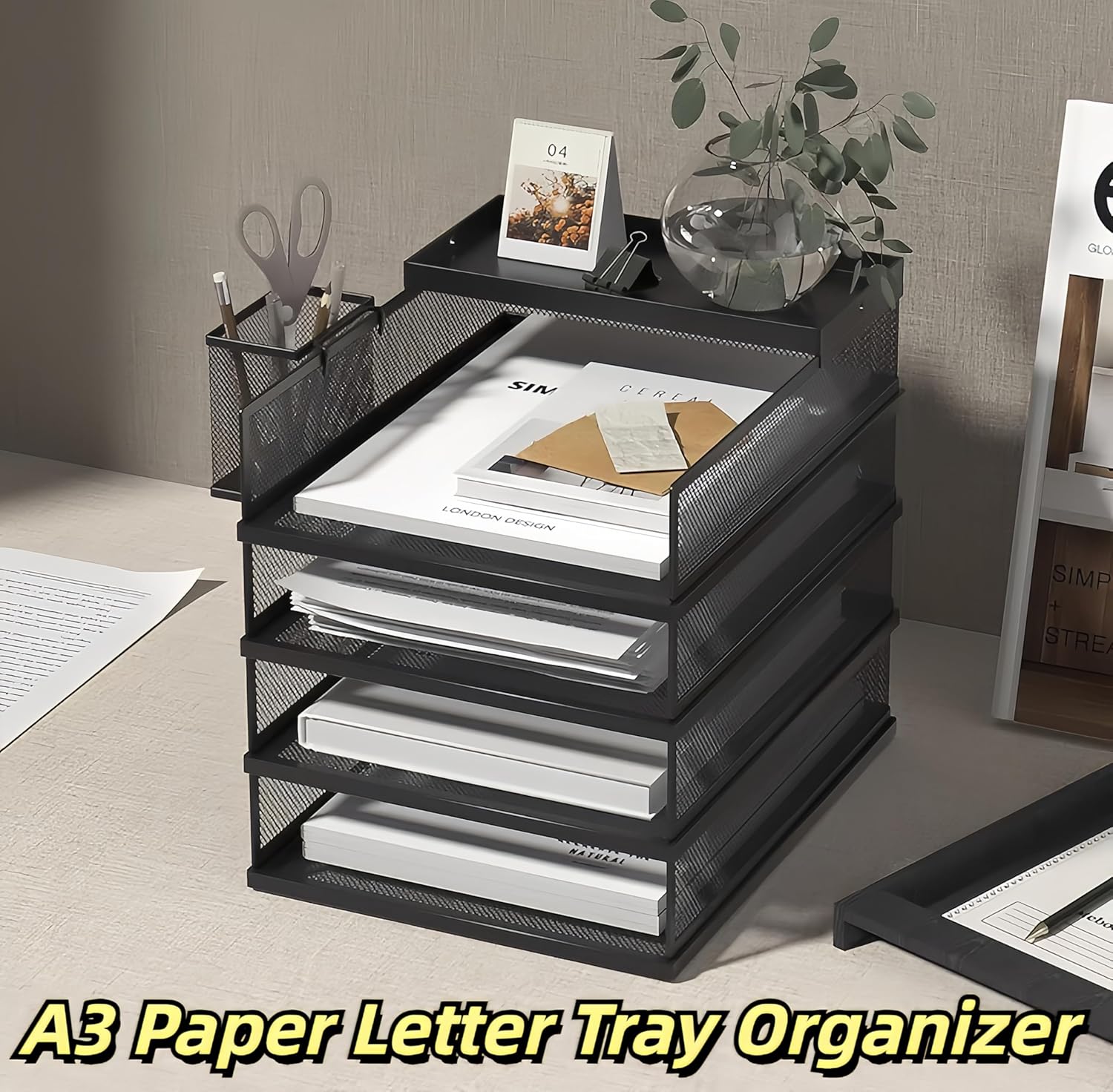 YFS A3 Mesh Desk File Organizer, Stackable Paper Tray，Desktop Document Sorter, File Storage, 3/4/5-Tier Paper Letter Tray Organizer, Desk Accessories & Workspace, Black (4 Tier-Landscape-White)