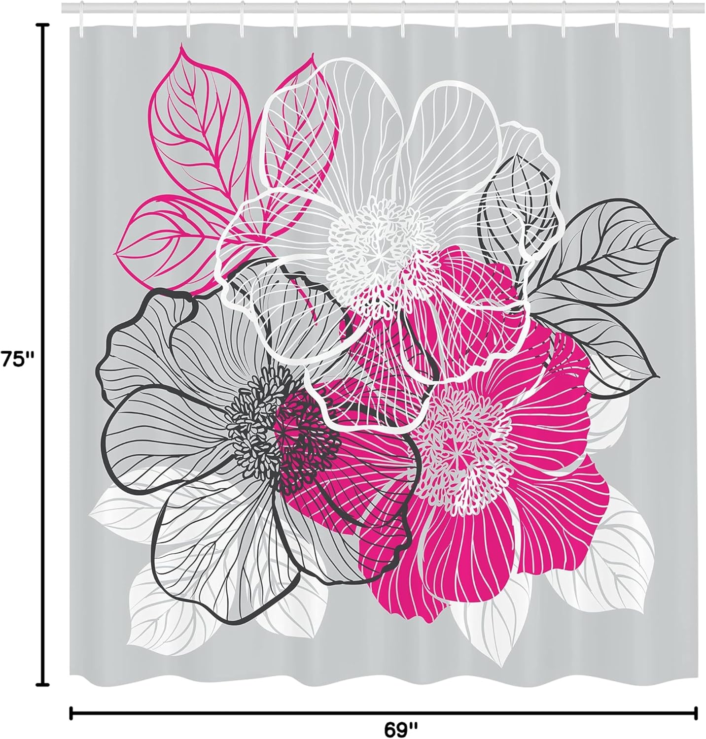 Ambesonne Grey Shower Curtain, Abstract Blossoming Peonies Romantic Spring Bridal Bouquet Feminine Corsage, Cloth Fabric Bathroom Decor Set with Hooks, 69" W x 75" L, Grey Magenta White