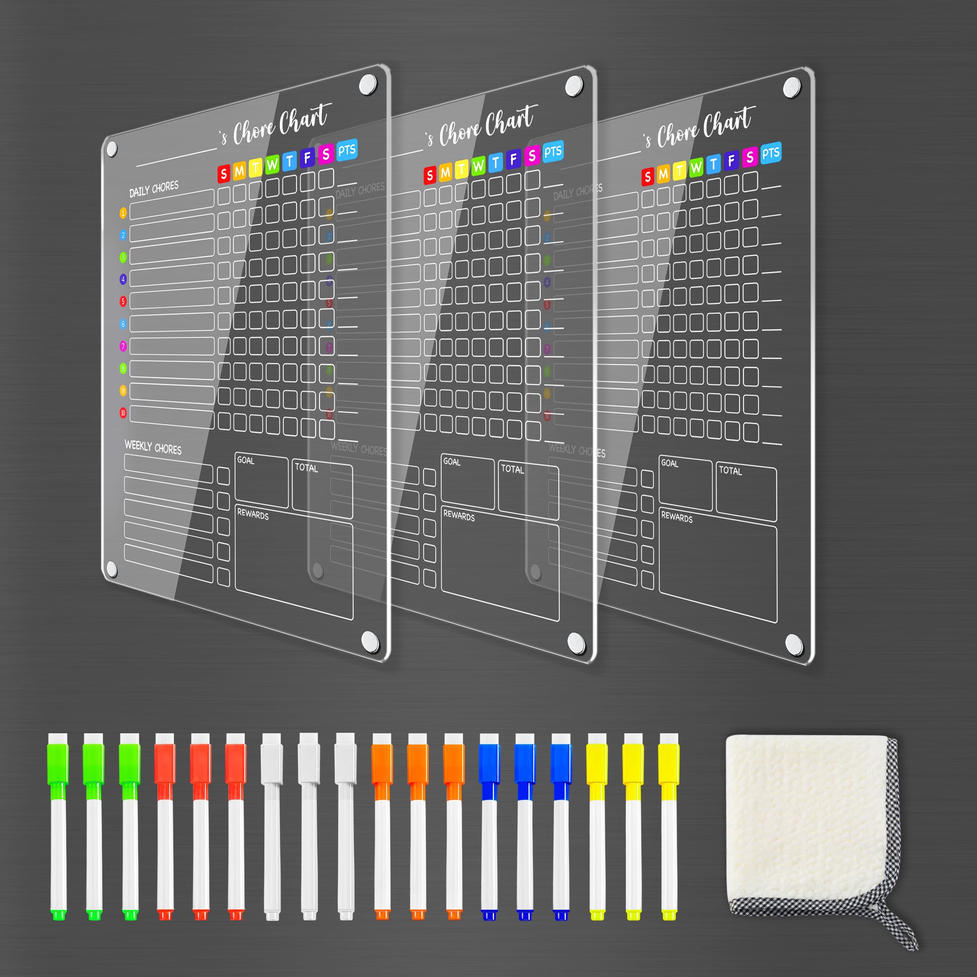 PigPotParty Acrylic Magnetic Chore Chart for Kids, 12"x16" Reward Responsibility Chart, Chores Checklist, 3 Weekly Dry Erase Fridge Board for Teens