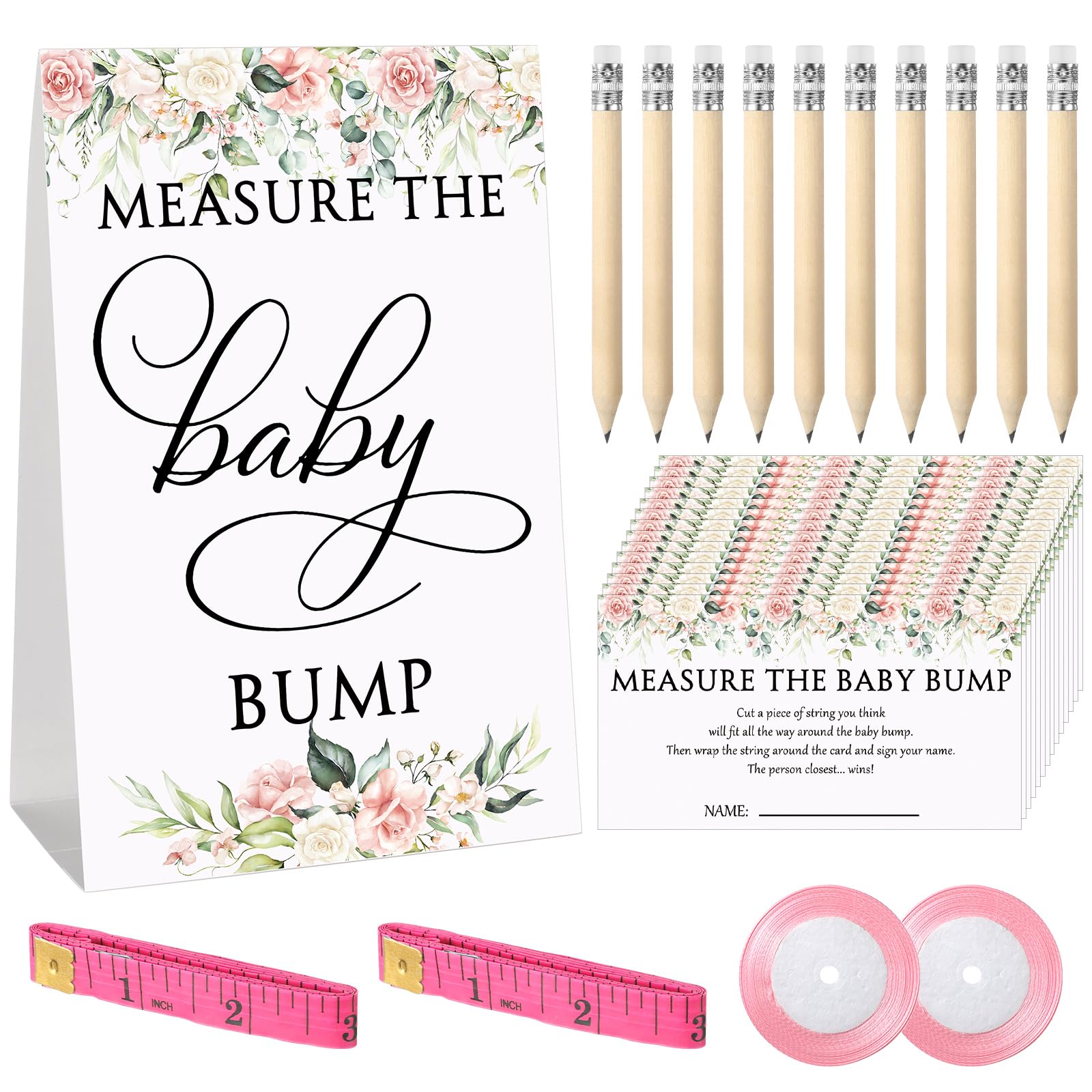 Fumete 65 Pcs Baby Shower Game Set Include Flowers Measure The Baby Bump Sign 50 Guessing Cards 10 Pencils 2 Pink Measuring Tapes and 2 Pink Ribbon for Gender Reveal Party Game