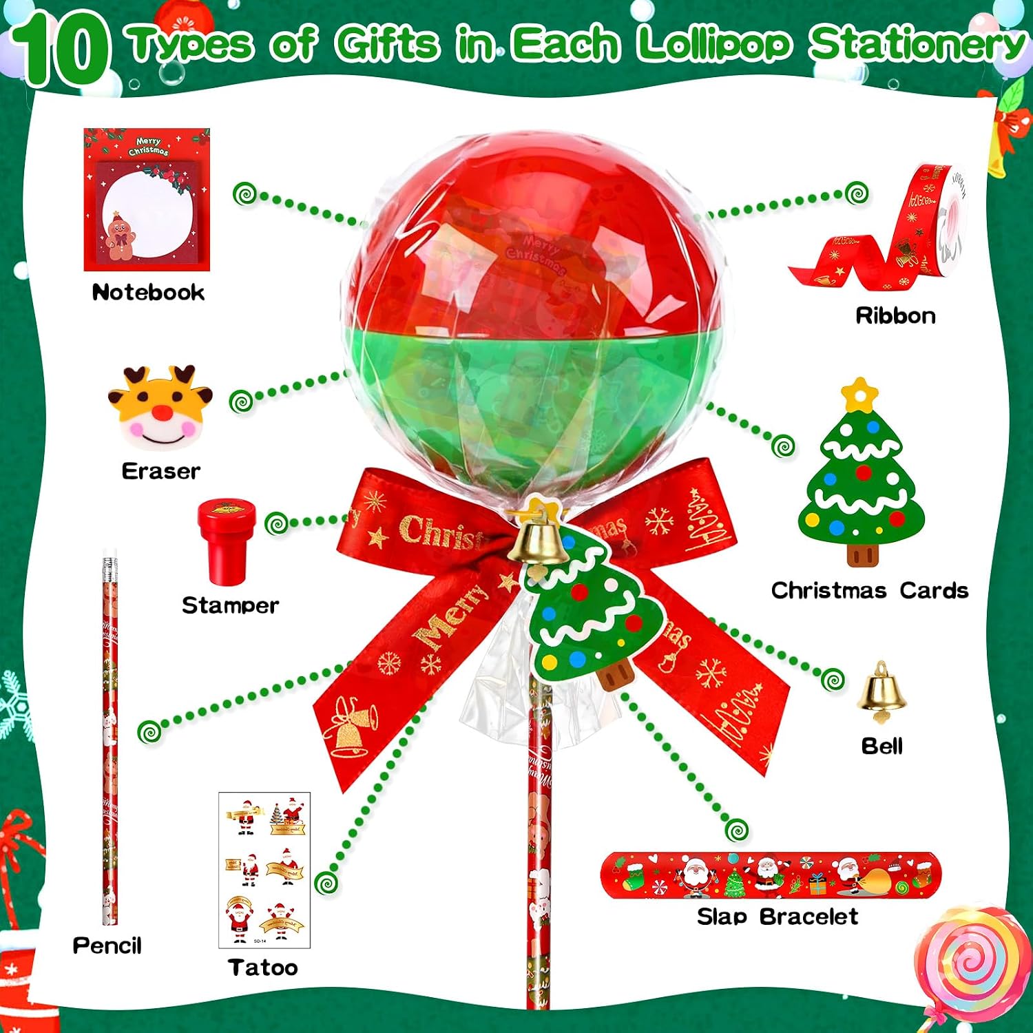 CZWZ 216Pcs Giant Lollipop Christmas Classroom Gifts, 24 Set Giant Lollipop with Pencils, Stickers, Erasers for Classroom School Exchange Christmas Party Favors Supplies