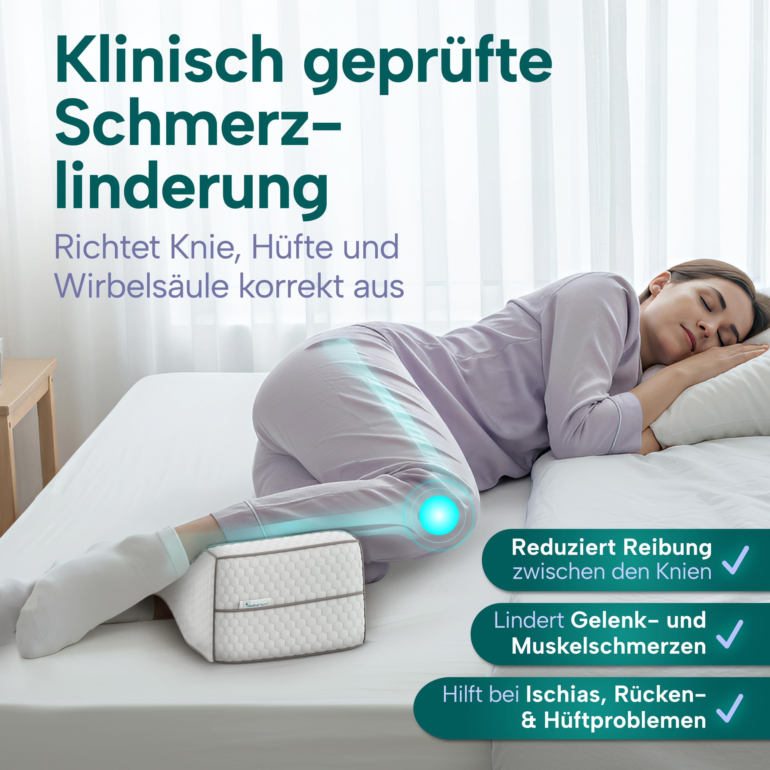 Kniekissen für Seitenschläfer – Orthopädisches Beinkissen medizinisch inspiriert, zur Entlastung von Hüfte, Rücken & Knie | Ergonomisches Memory Foam Kissen mit Anti-Rutsch-Design.