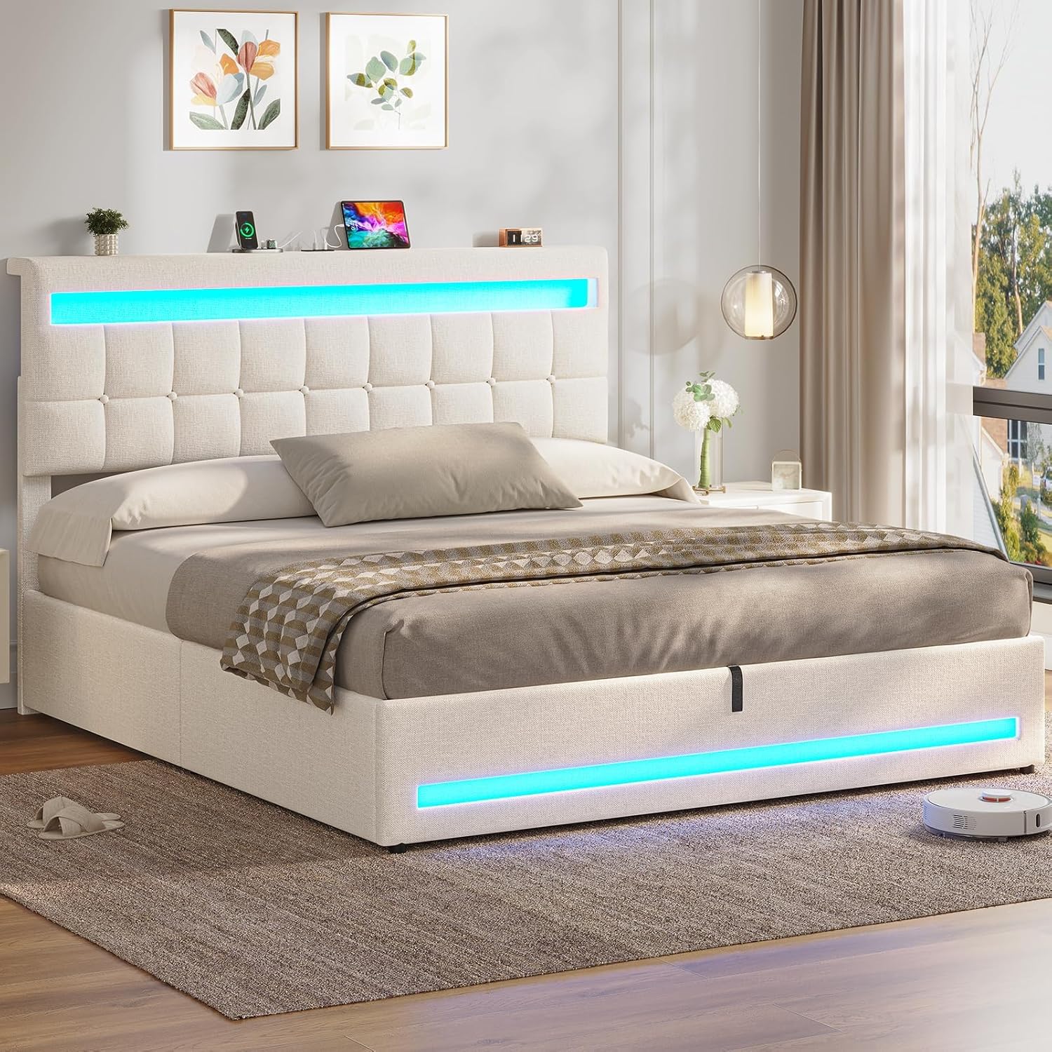 AOGLLATI Letto Matrimoniale Contenitore 180x200 cm, Struttura Letto con Illuminazione LED e Stazione di Ricarica, Letto Matrimoniale con Vano Contenitore Idraulico e Testiera Regolabile, Beige