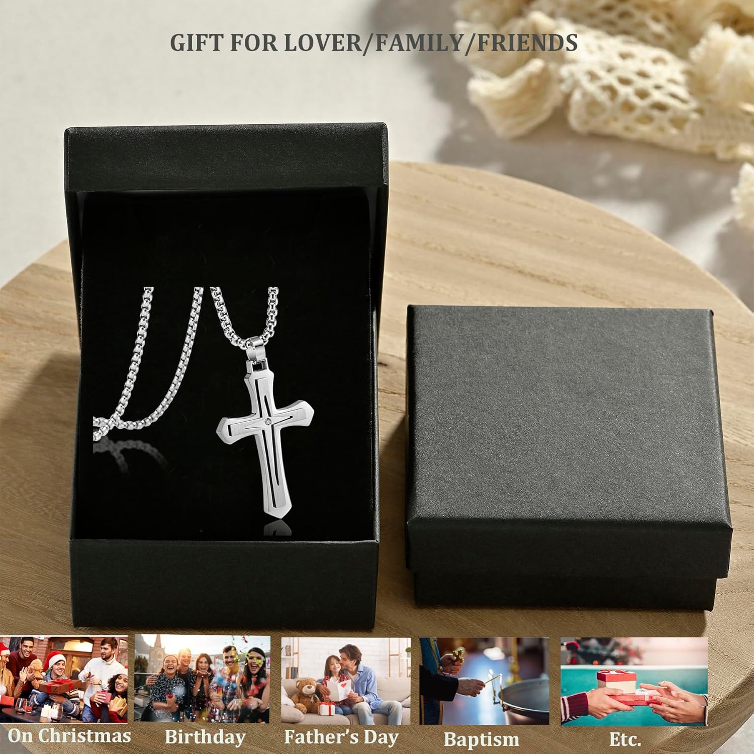 Cross Necklace for Men,Silver/Gold/Black Mens Cross Necklaces with 3mm Cross Chain and Stainless Steel Cross Pendant Jewelry Gifts,Rolo Chain 22-24 Inch - Image 5