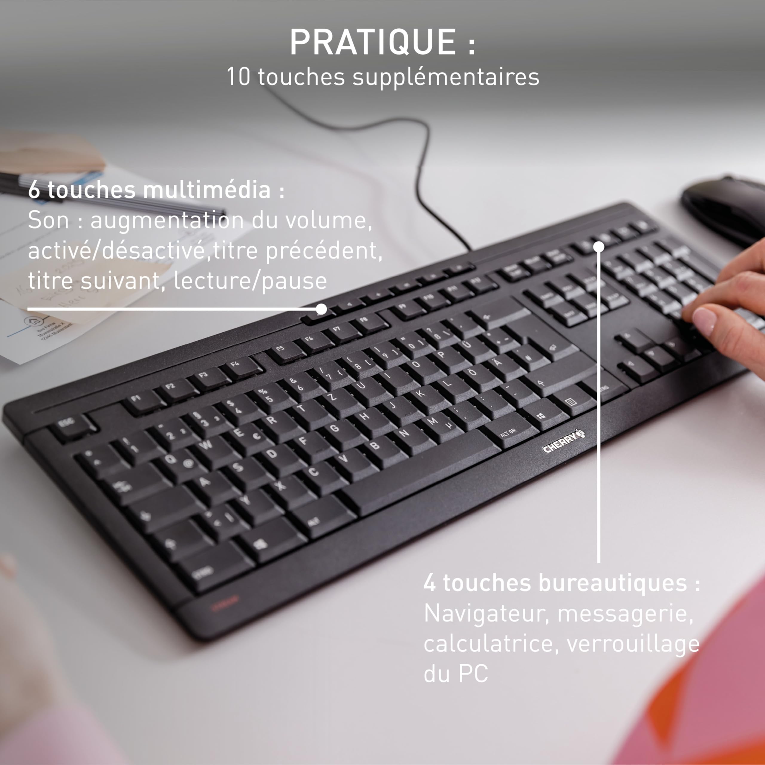 CHERRY Stream Keyboard, Clavier Filaire, Disposition française (AZERTY), Frappe silencieuse, Sensation de Frappe Unique, Design Plat, Noir