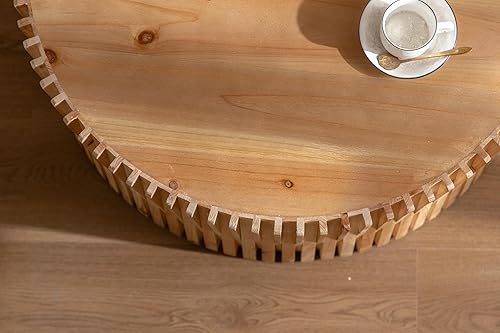 Miniatura 5 de Mesas de centro redondas de madera, mesa auxiliar con relieve de textura vertical, mesa de centro cilíndrica retro, mesas de centro bohemias