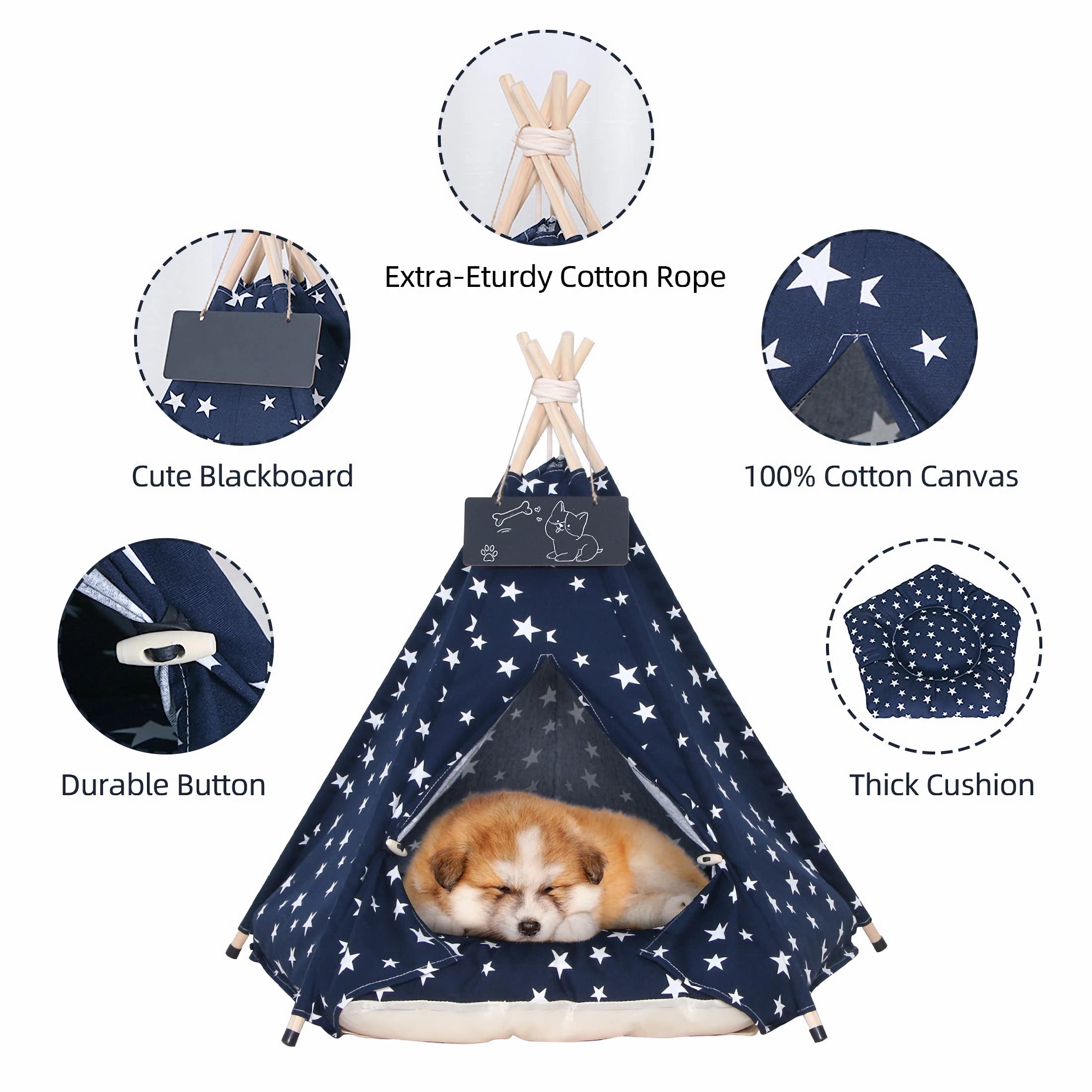SEOUGEE Tienda de campaña para perros y gatos, lavable y extraíble, lona de algodón, cama para perros y gatos, con cojín, interior y exterior, caseta para mascotas y casa de juegos, portátil y