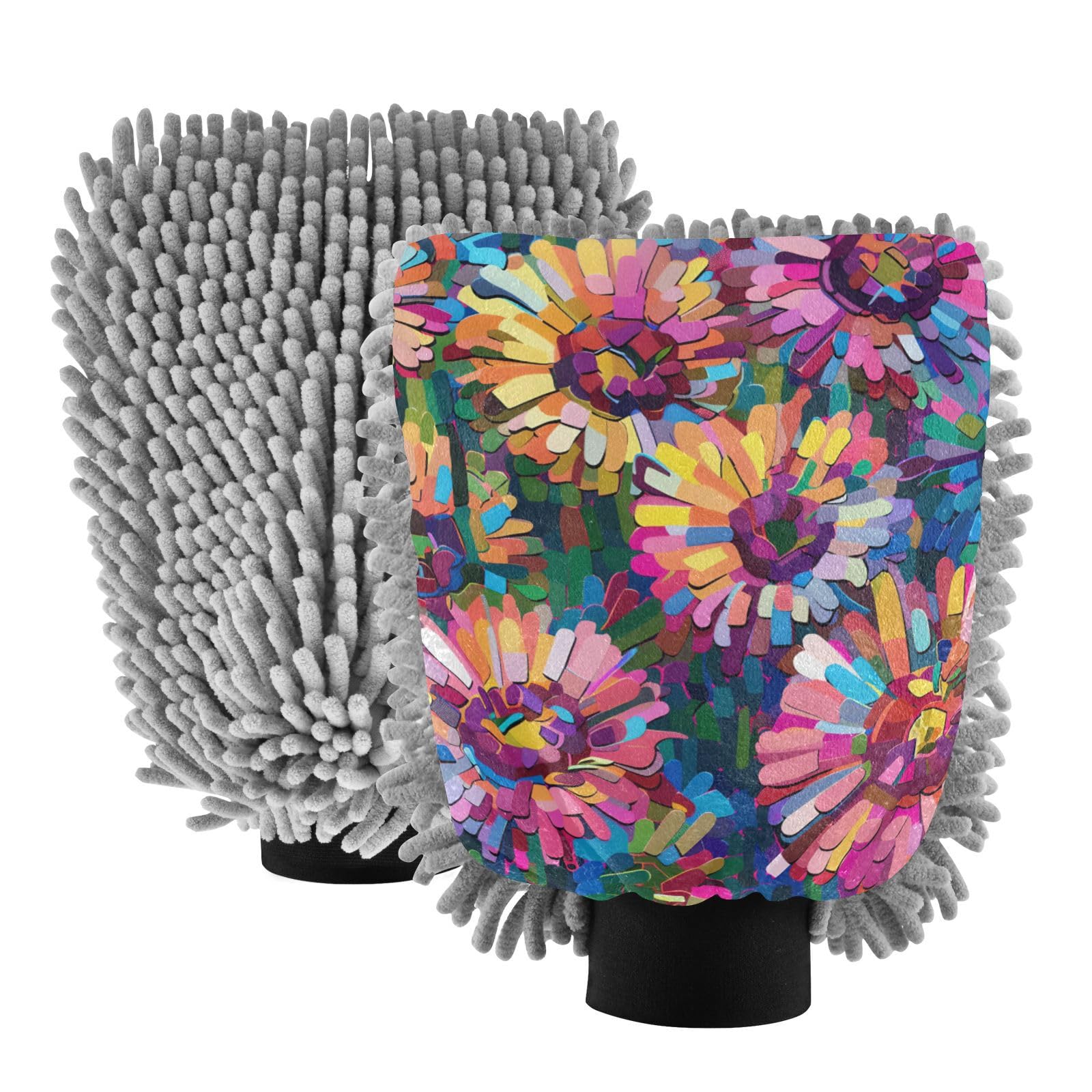 IOACIY Absorbent Microfiber Car Wash Drying Mitts, 2 Pack, Scratch-Free & Lint-Free, Rich Foam, Highly Absorbent, Double Sided, Wash Mitt Perfect for Car Washing, M, Flower (12)